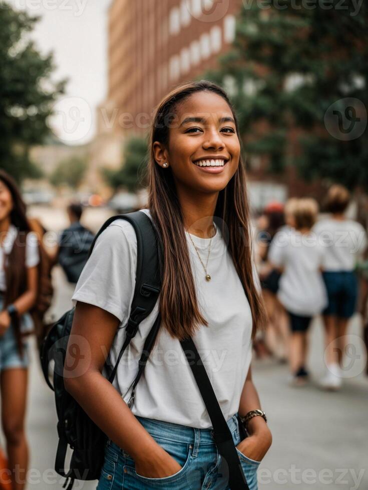 American student smiling happily on the first day of school, isolated on white background, Back to School concept. photo