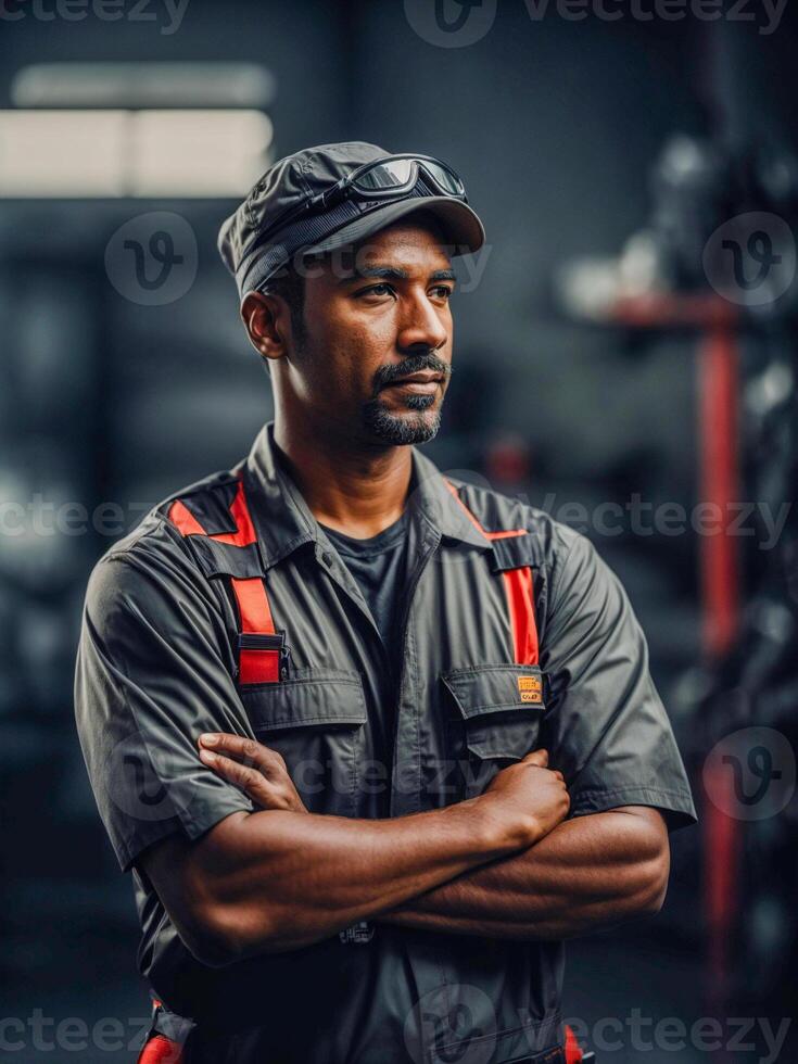 A male employee in an orange uniform is smiling and giving a great thumbs up, isolated white background, Mechanic standing concept photo