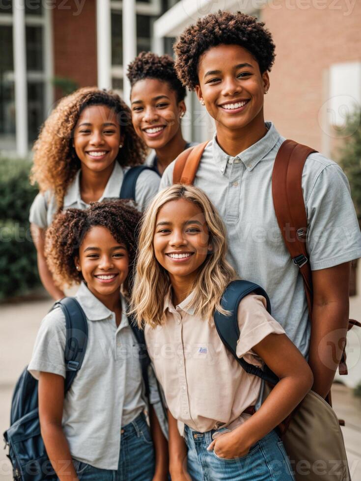 American student smiling happily on the first day of school, isolated on white background, Back to School concept photo