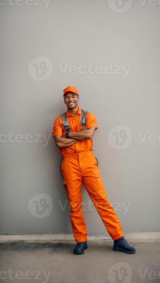 A male employee in an orange uniform is smiling and giving a great thumbs up, isolated white background, Mechanic standing concept photo
