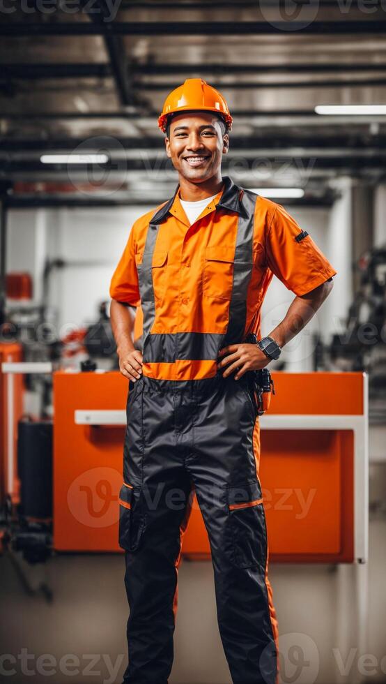 A male employee in an orange uniform is smiling and giving a great thumbs up, isolated white background, Mechanic standing concept photo