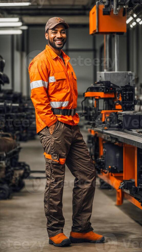 A male employee in an orange uniform is smiling and giving a great thumbs up, isolated white background, Mechanic standing concept photo