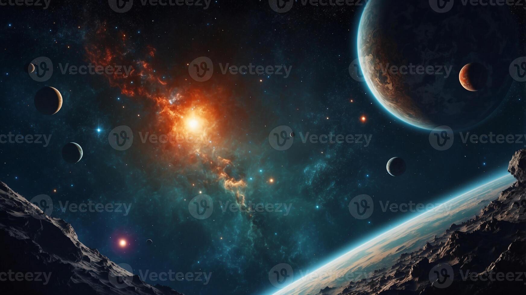 Cosmic Landscape A Starry Night with Planets and Nebula photo