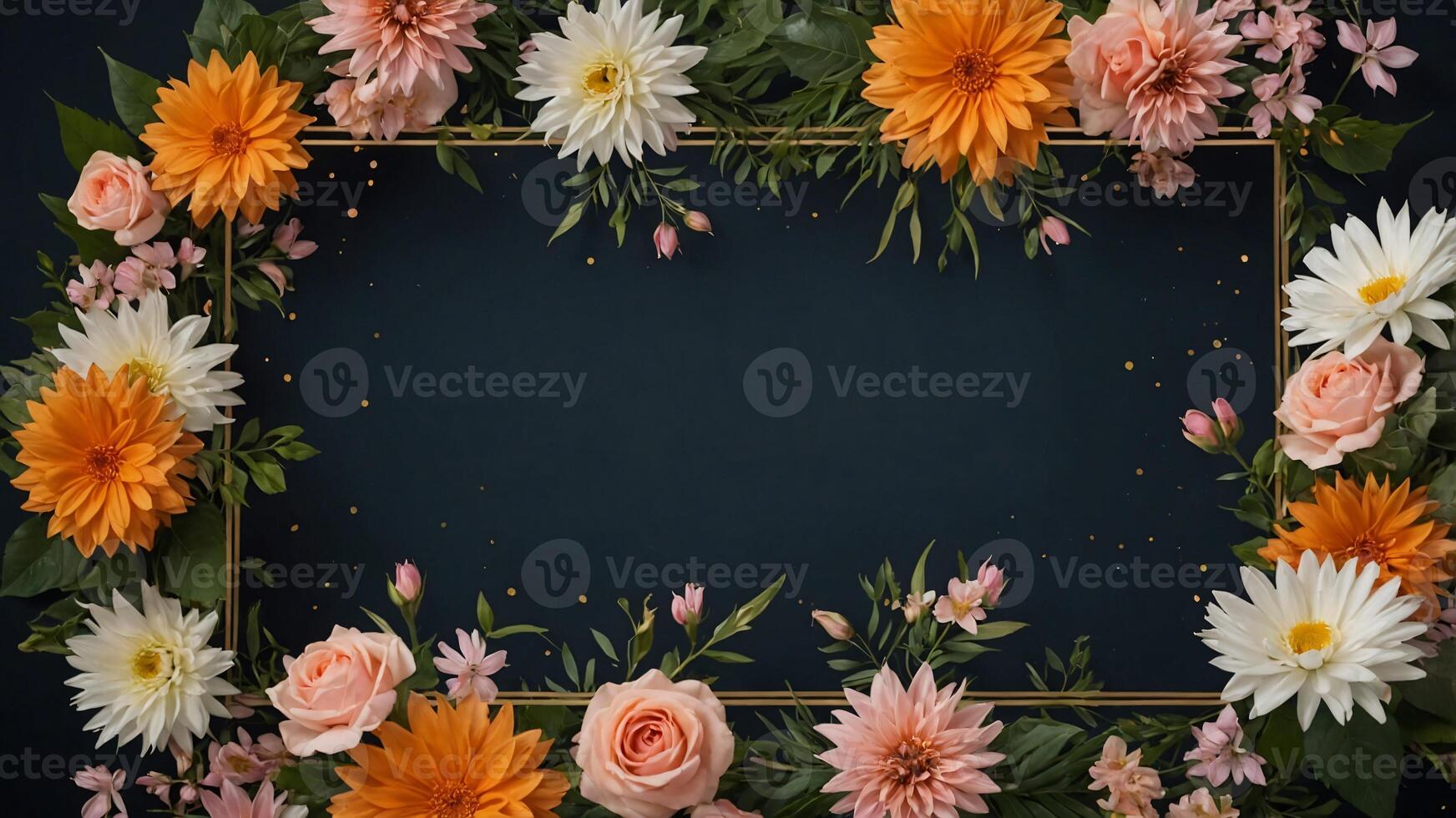 Floral Frame with Gold Accents on a Navy Background photo