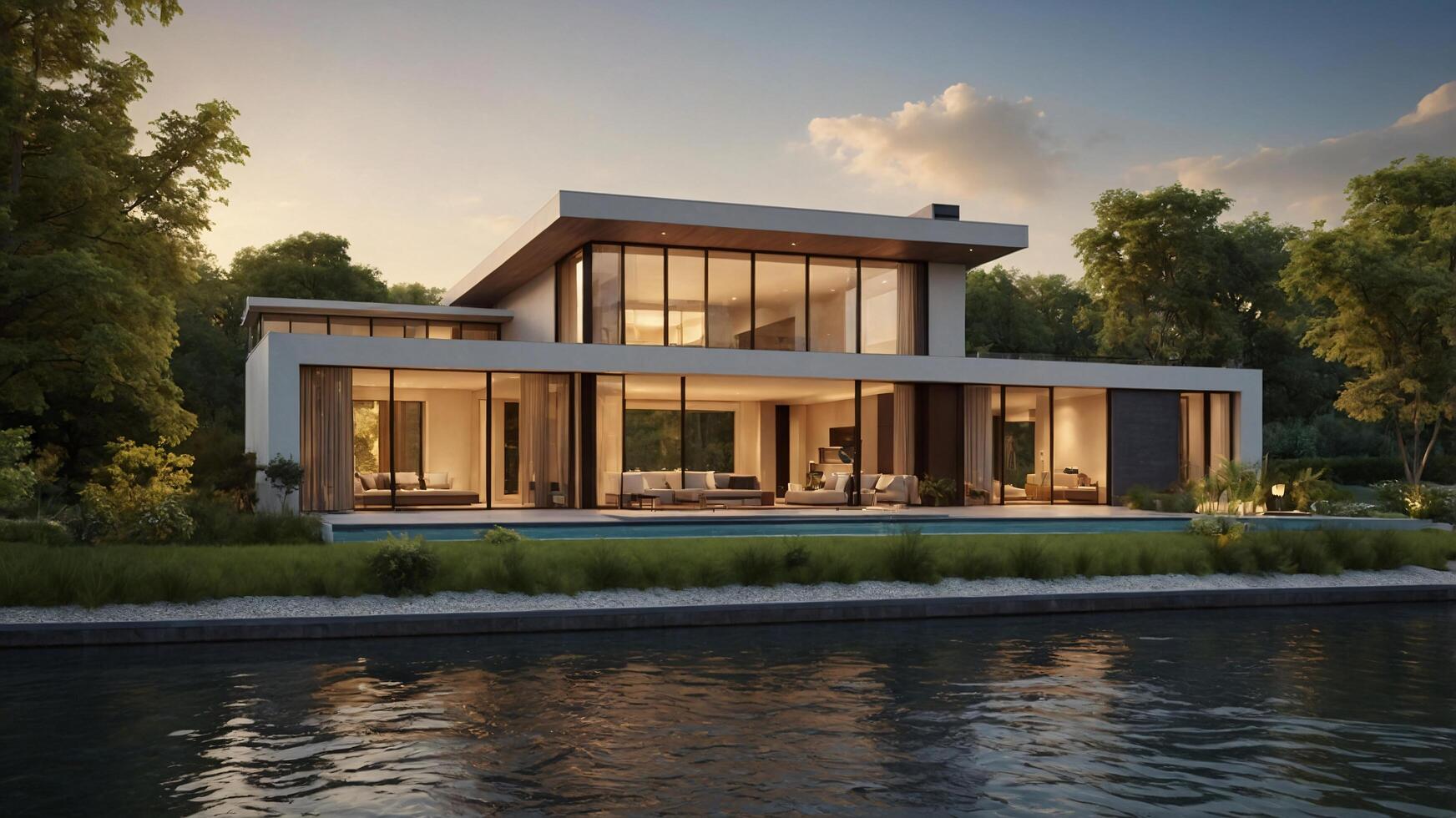Modern House with Pool and Waterway photo