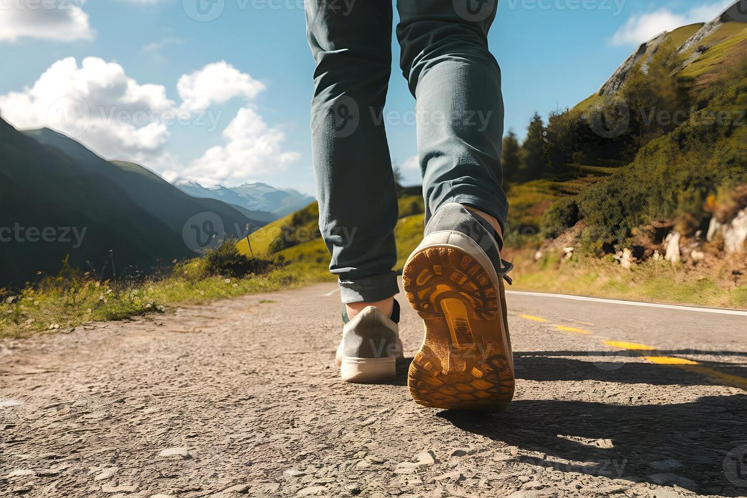 A man walking on offroad mountain showing only legs during summer which is representing concept of travel and holiday photo