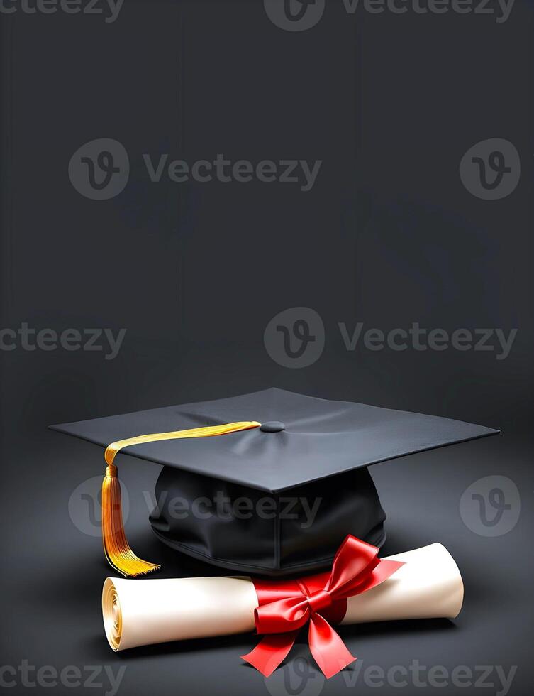 A portrait of a graduation cap with certificate on dark background photo