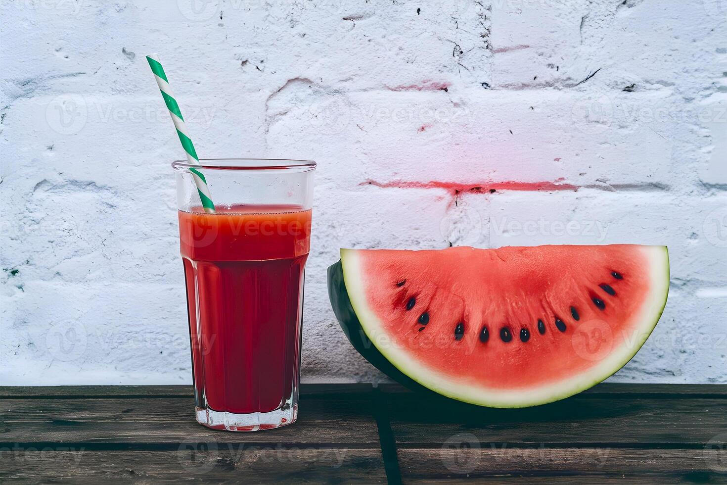 A glass of watermelon juice is served along with a piece of watermelon on white wall background during summer photo