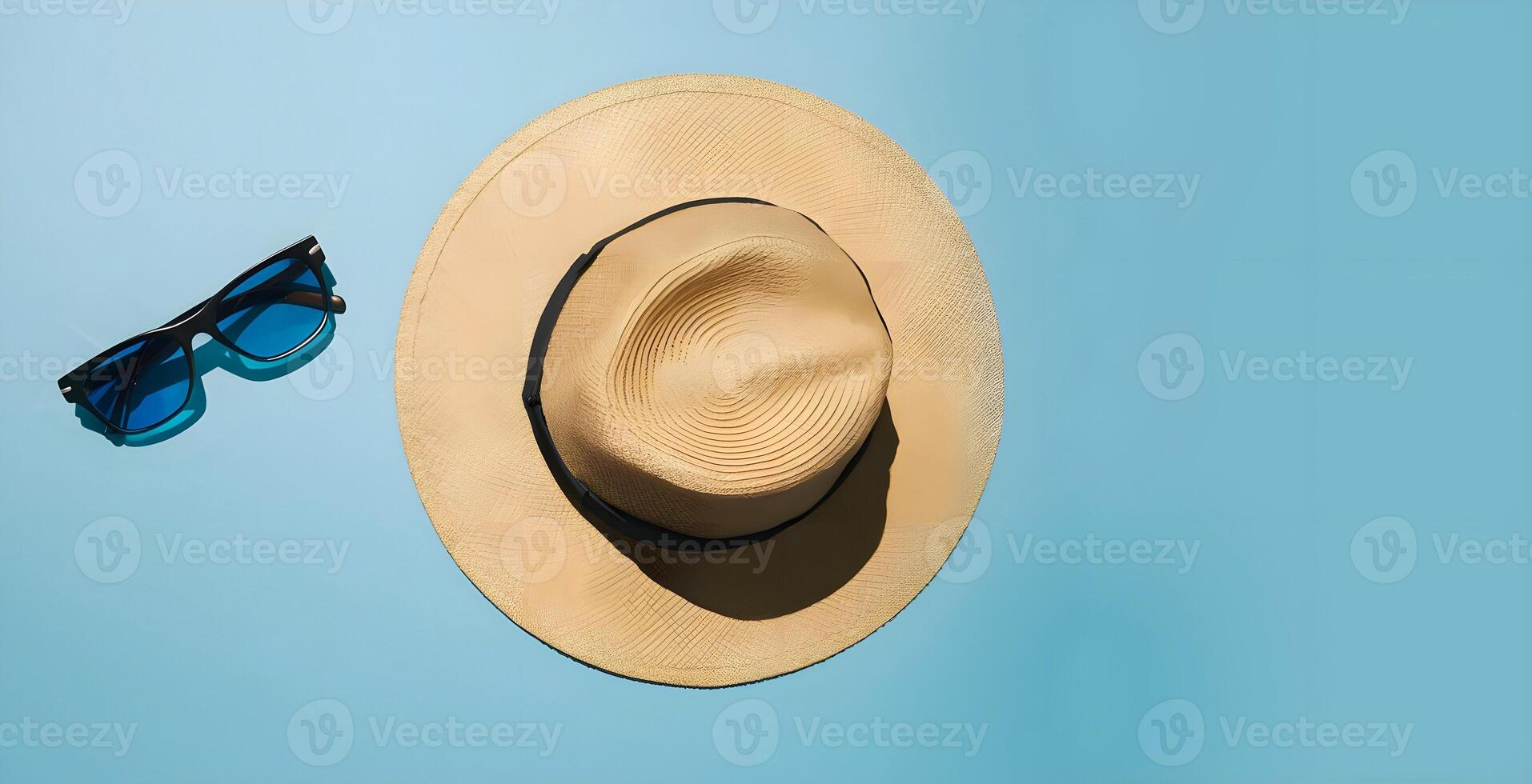 A hat and sunglass are in blue background from top view representing the concept of summer holiday vacation photo