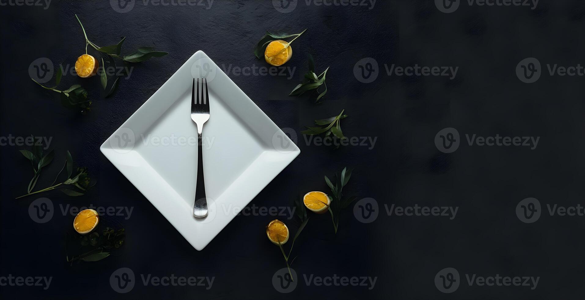 A white color diamond shape empty plate cutlery is presented on dark background from top view photo