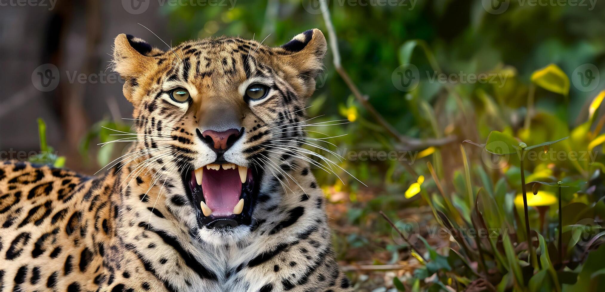 Close up view of leopard looking straight and opening his mouth in jungle photo