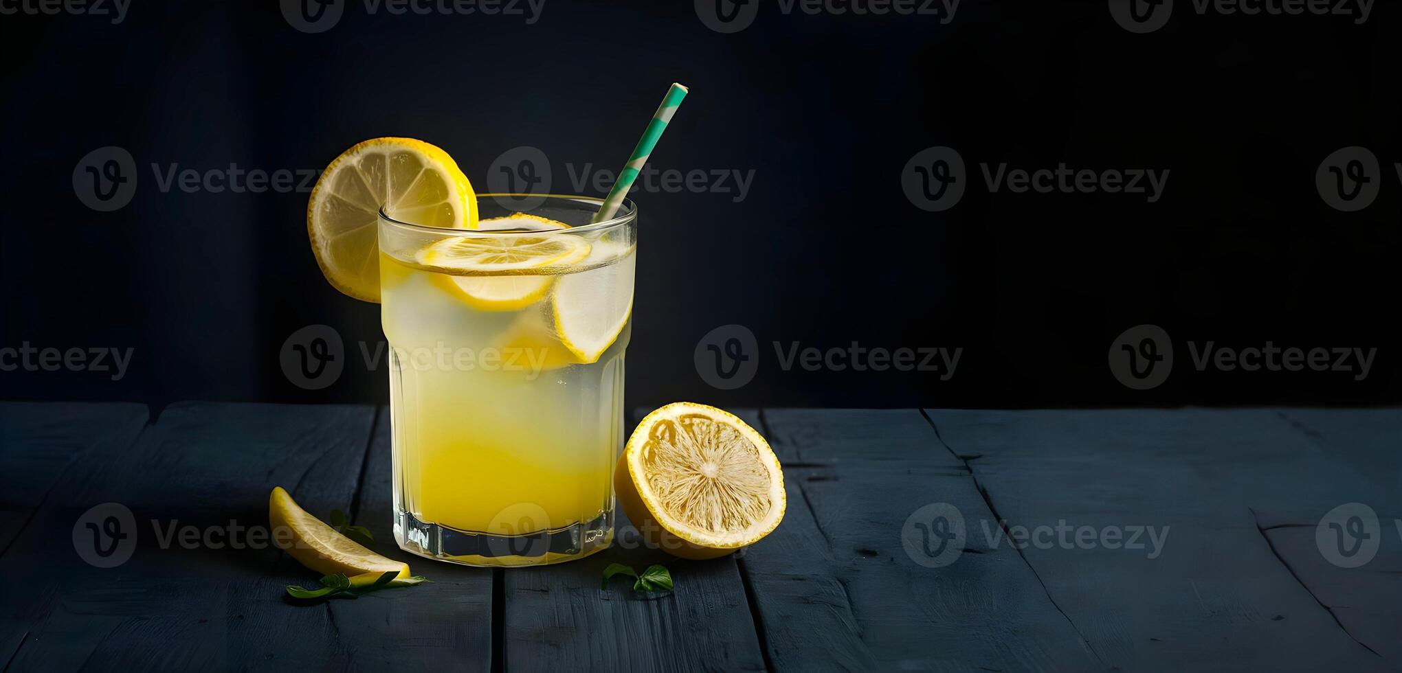 A glass of lemonade with straw is served on a dark background photo