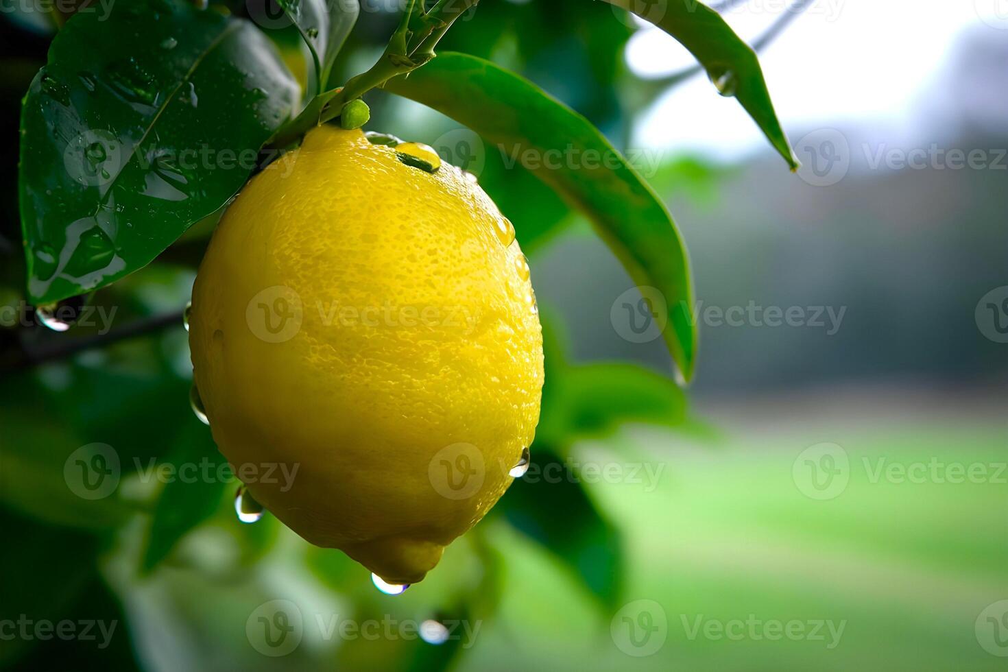 A lemon is growing on tree with raindrops on it photo