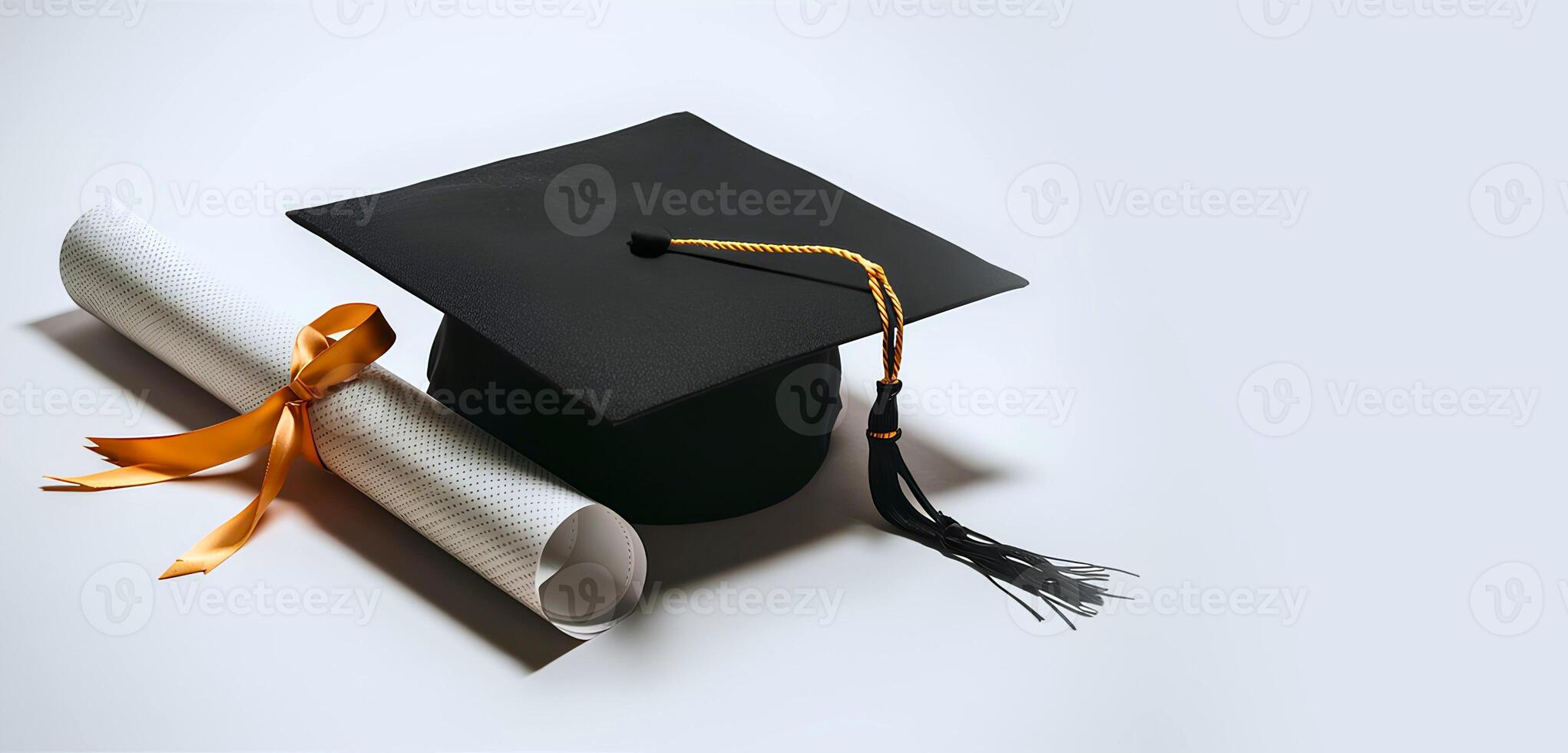 A graduation cap along with certificate on white background photo