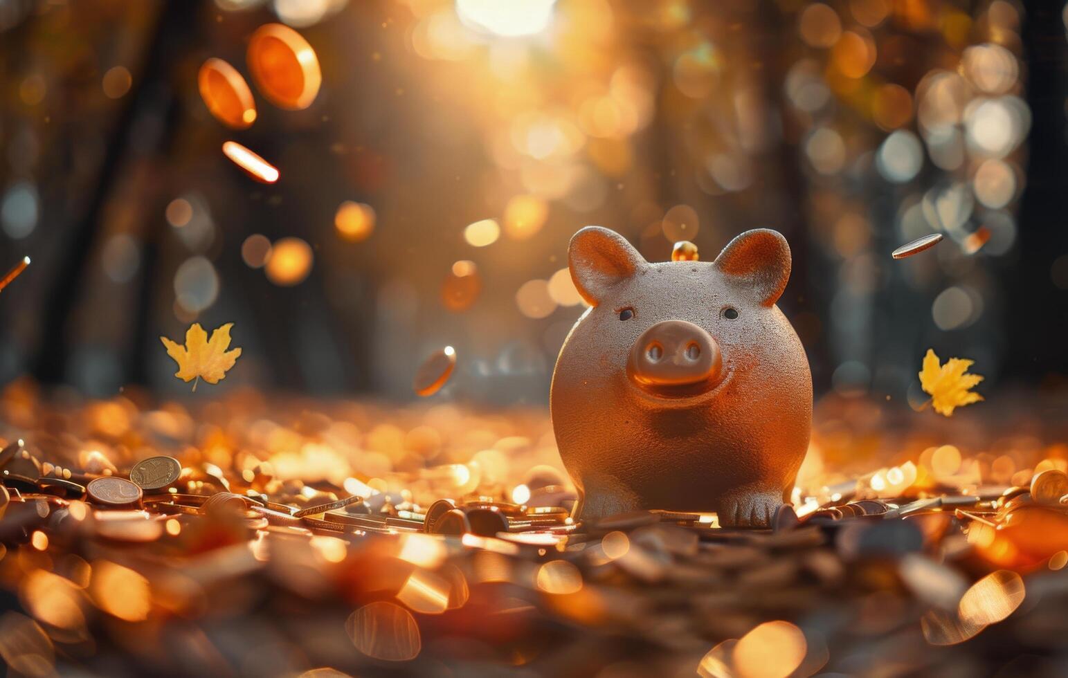 Piggy Bank Surrounded by Coins in a Forest Setting photo