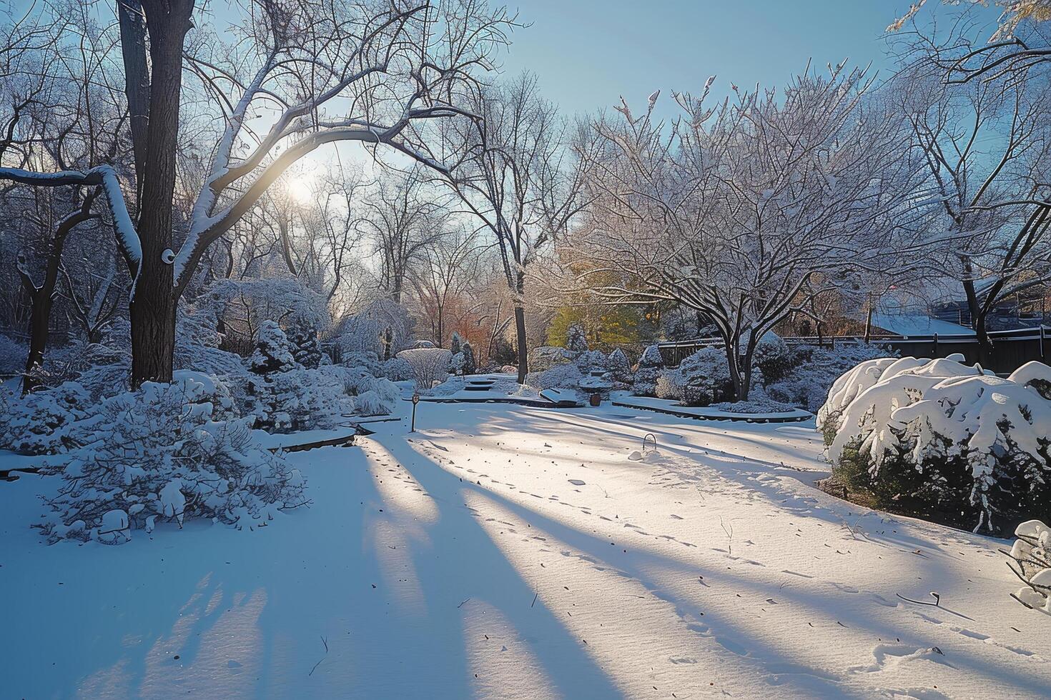 Snowy Forest Scene With Long Shadows at Sunrise photo