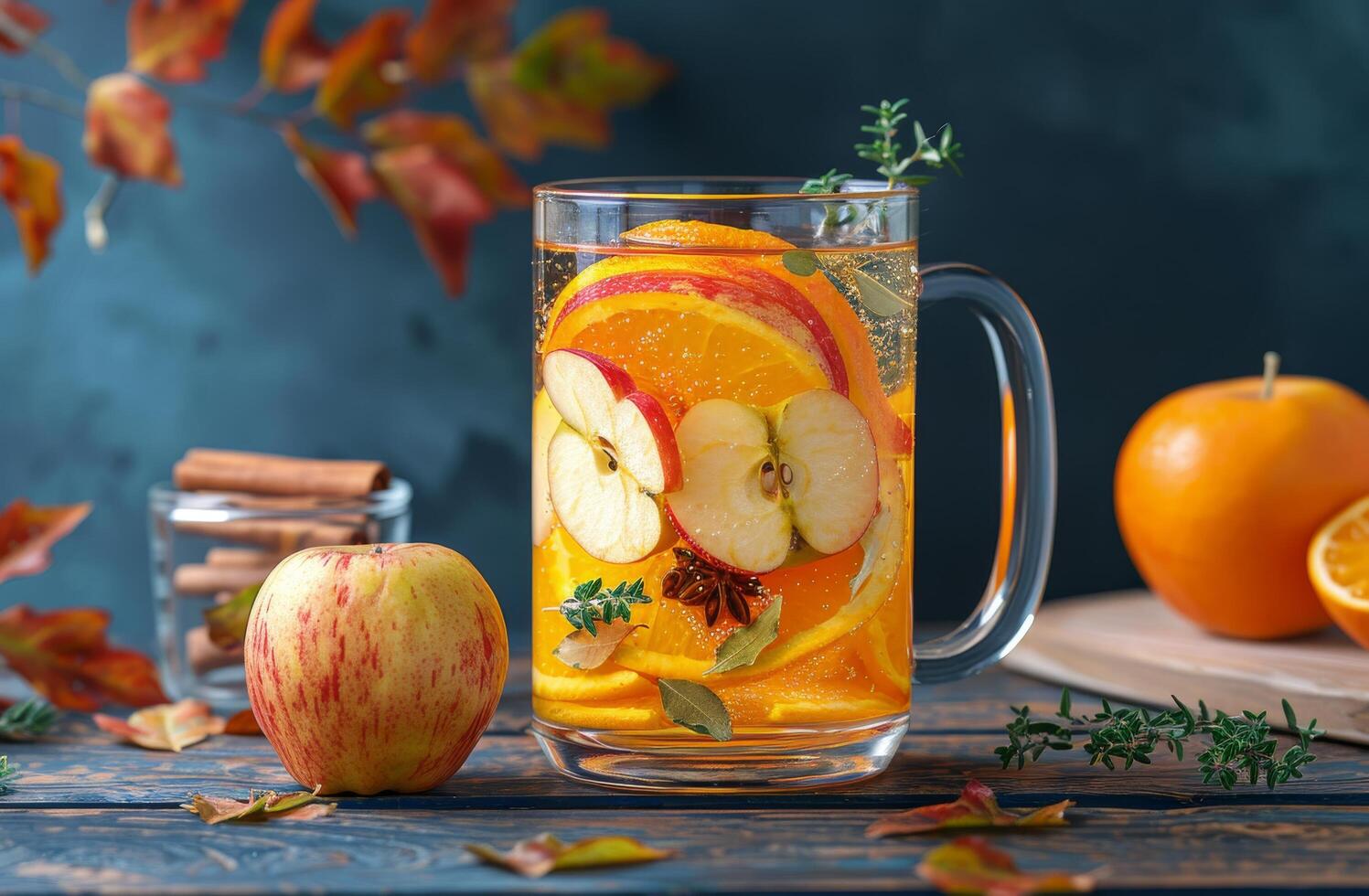 A Warm Glass of Apple Cider With Orange Slices and Cinnamon Sticks on a Rustic Wooden Table photo