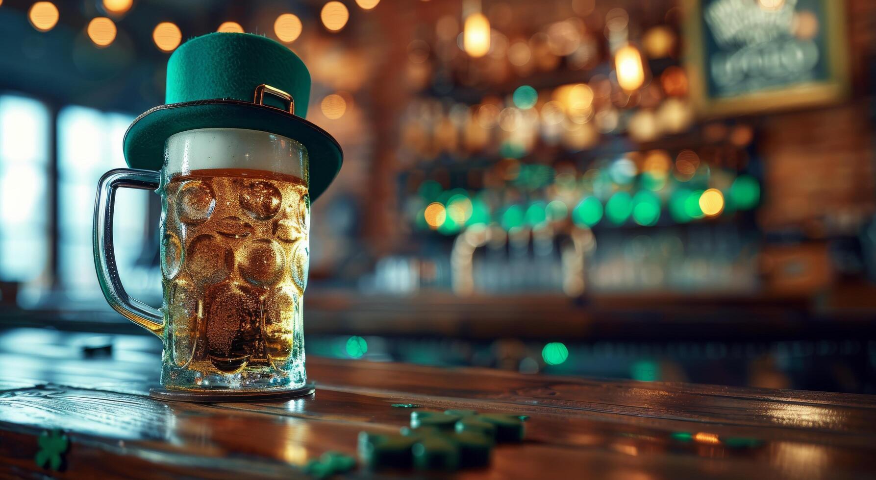 A Glass of Beer and a Leprechaun Hat on a Wooden Table in a Pub photo