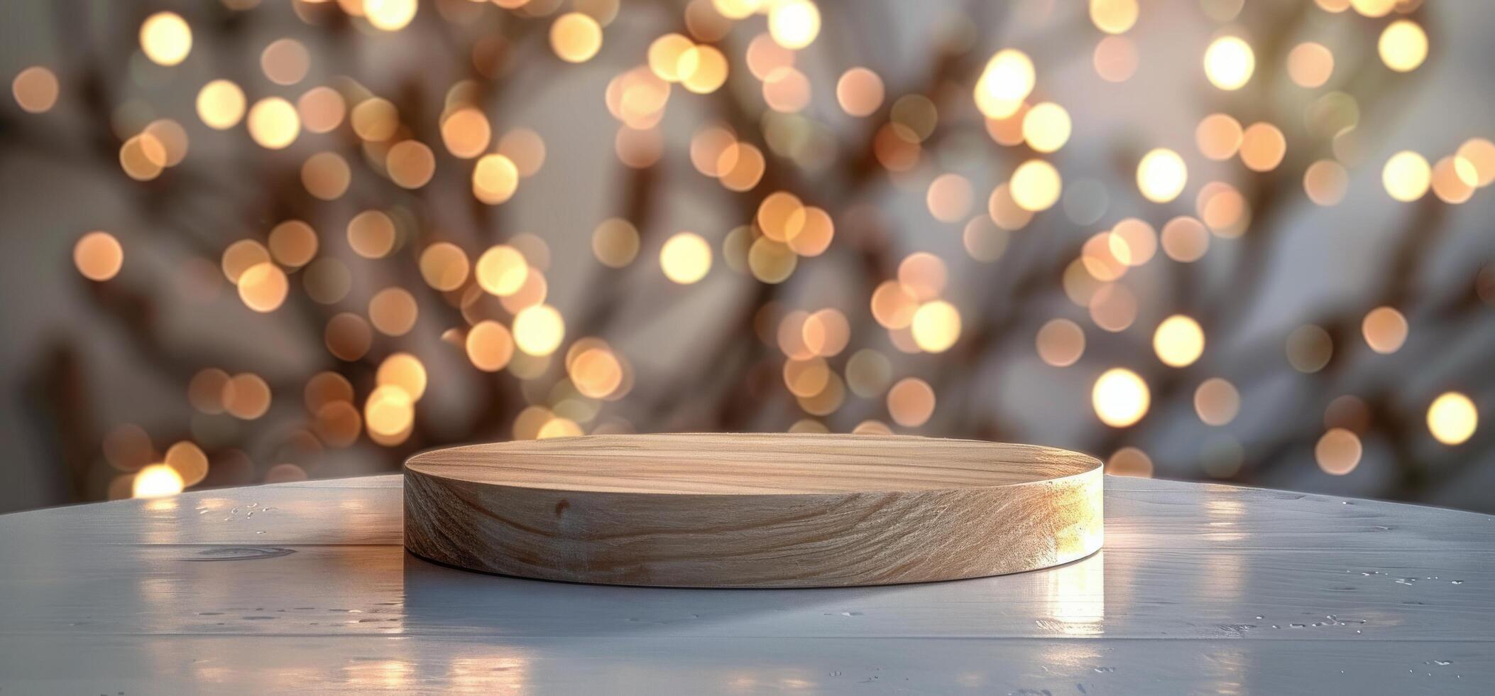 Wooden Round Platform With Branch on White Tabletop With Bokeh Lights photo