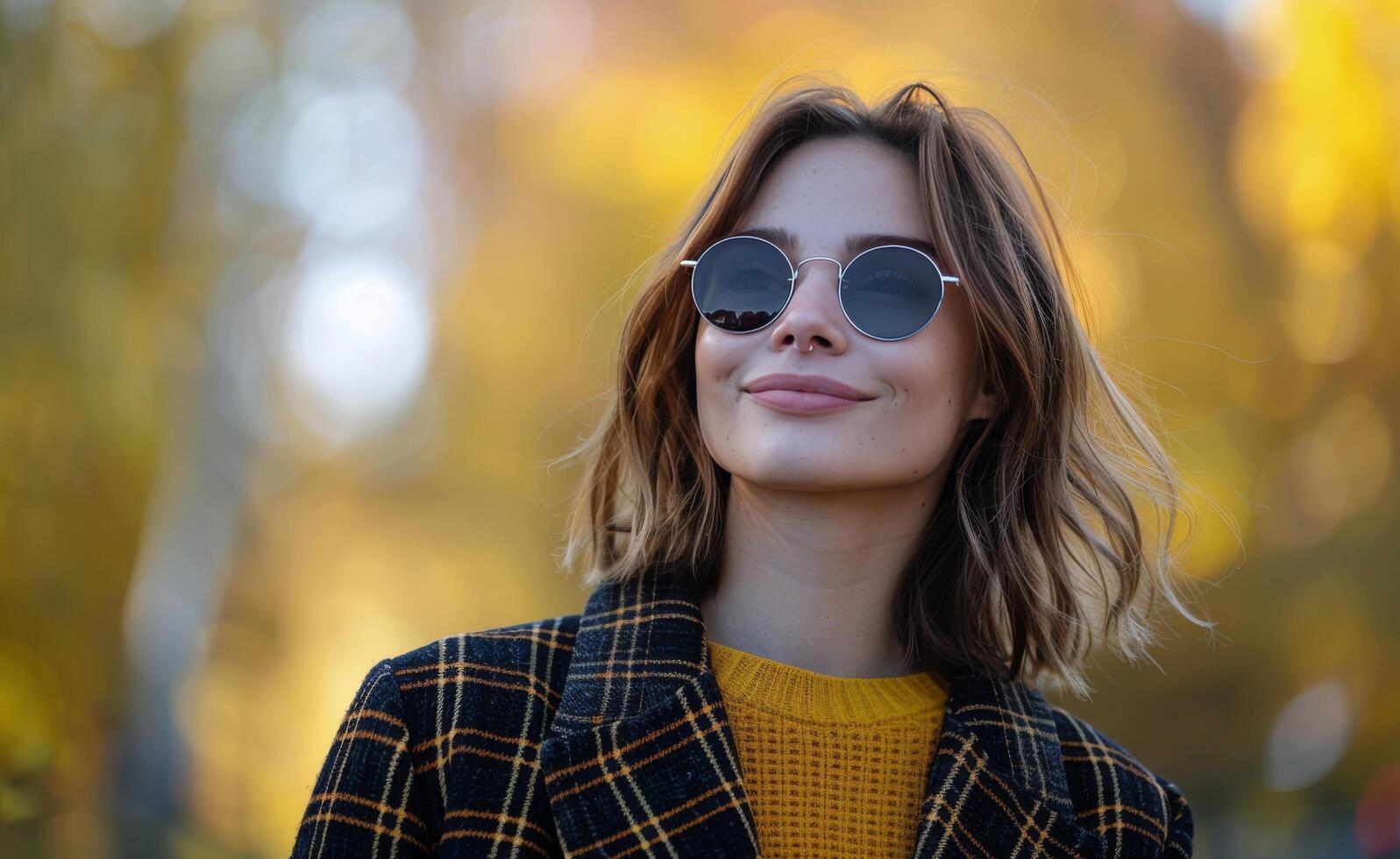 Woman Smiling in Yellow Sweater and Plaid Coat During Autumn photo