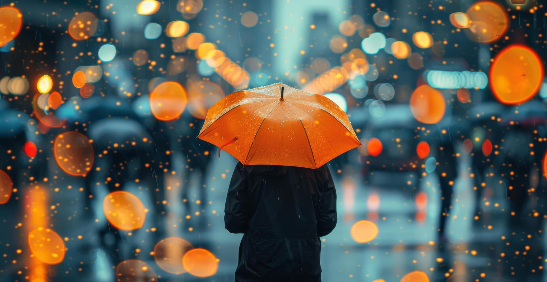 Person Walking Under Orange Umbrella in Snowing City at Night photo