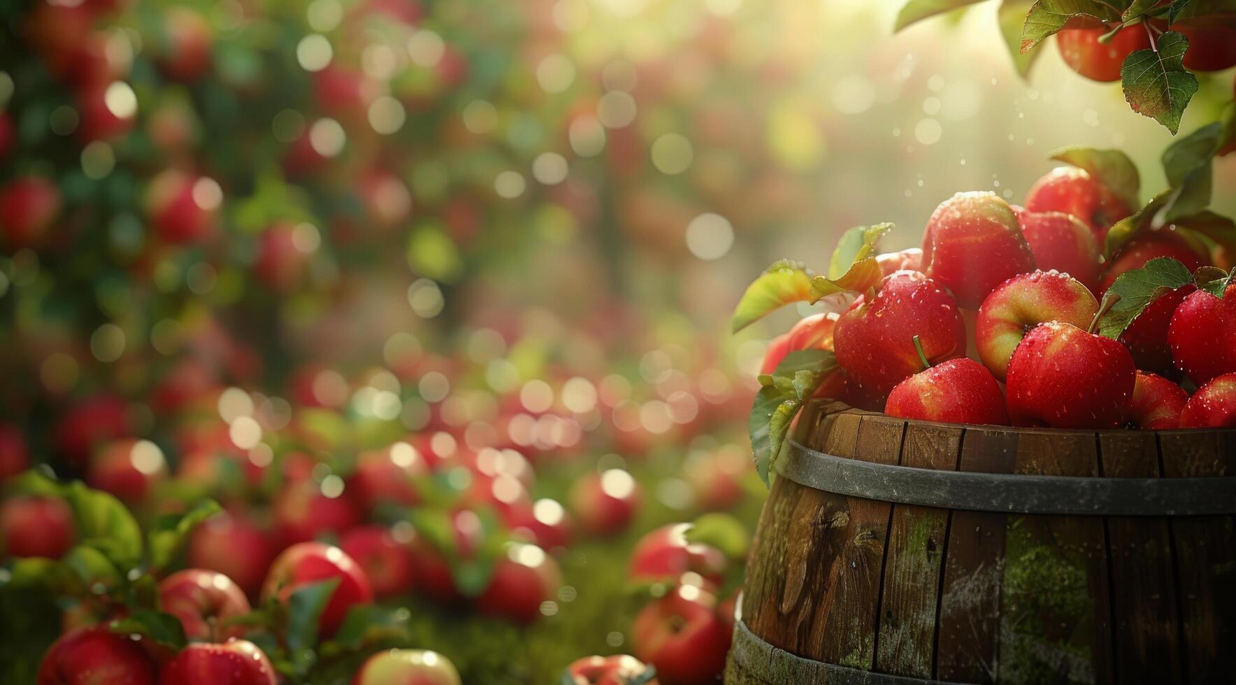 Red Apples in a Wooden Barrel During a Sunny Autumn Day photo