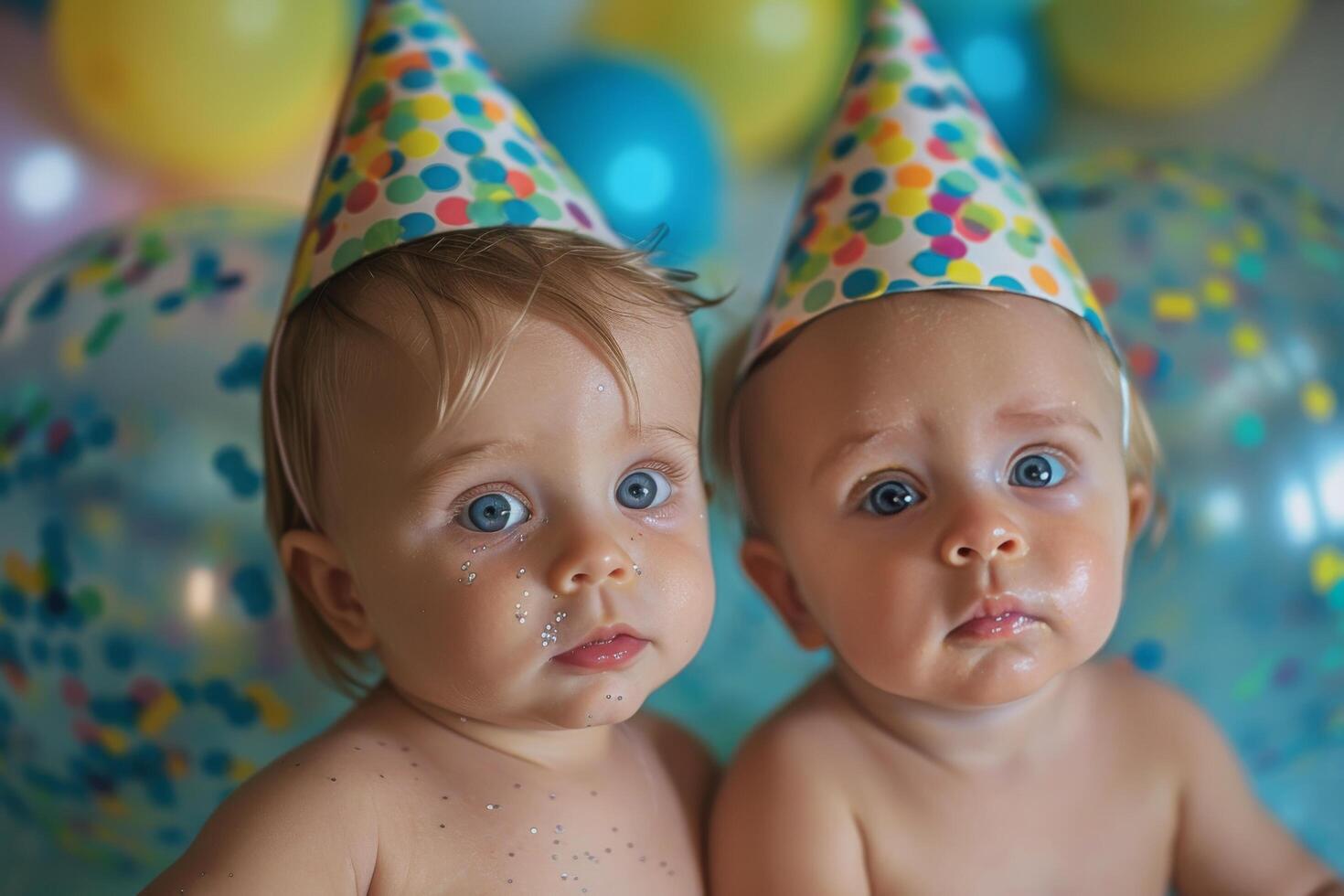 Twin Baby Boys Wearing Party Hats Look at the Camera photo