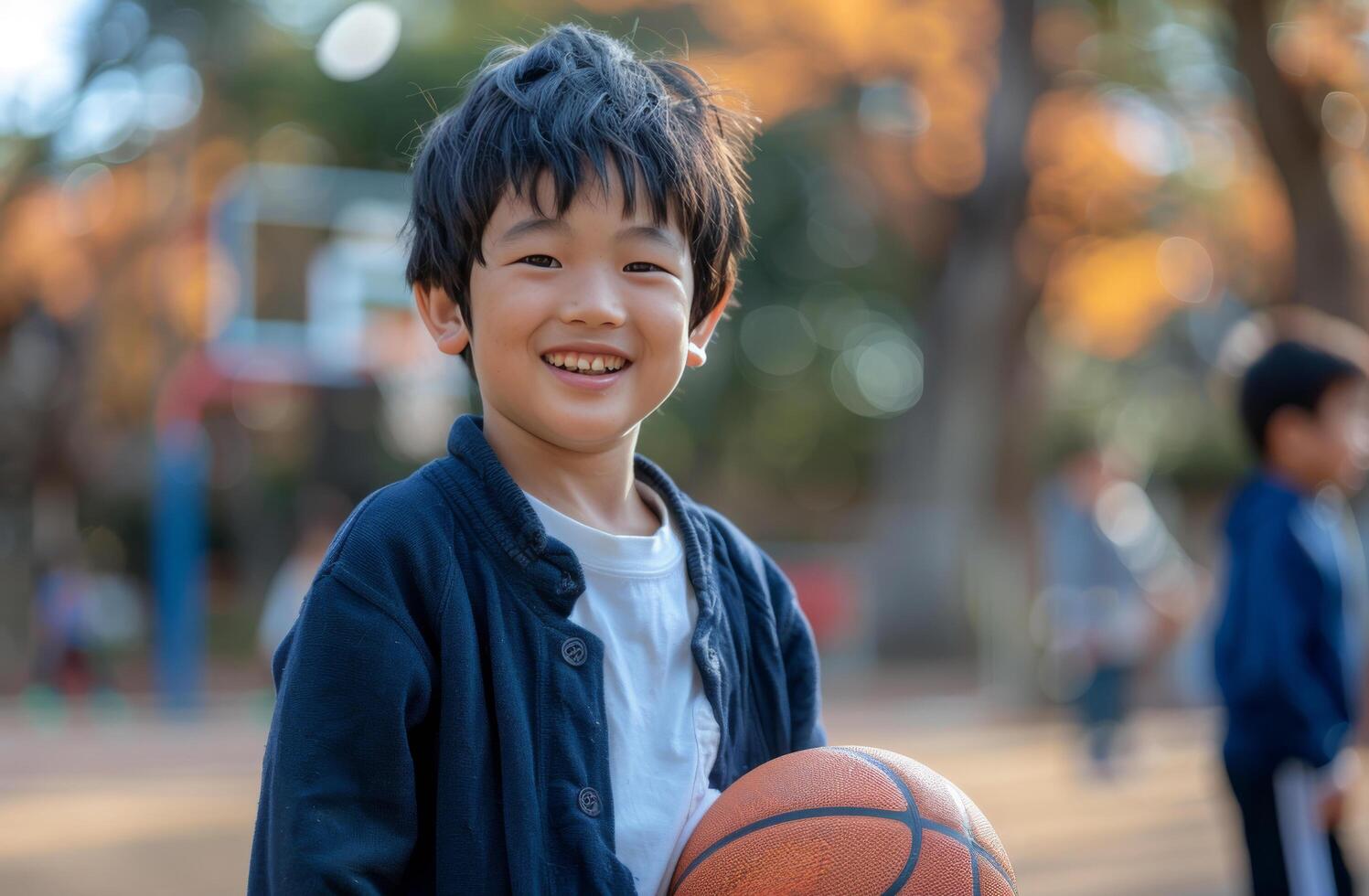 Young Boy Smiling While Holding Basketball in Park photo