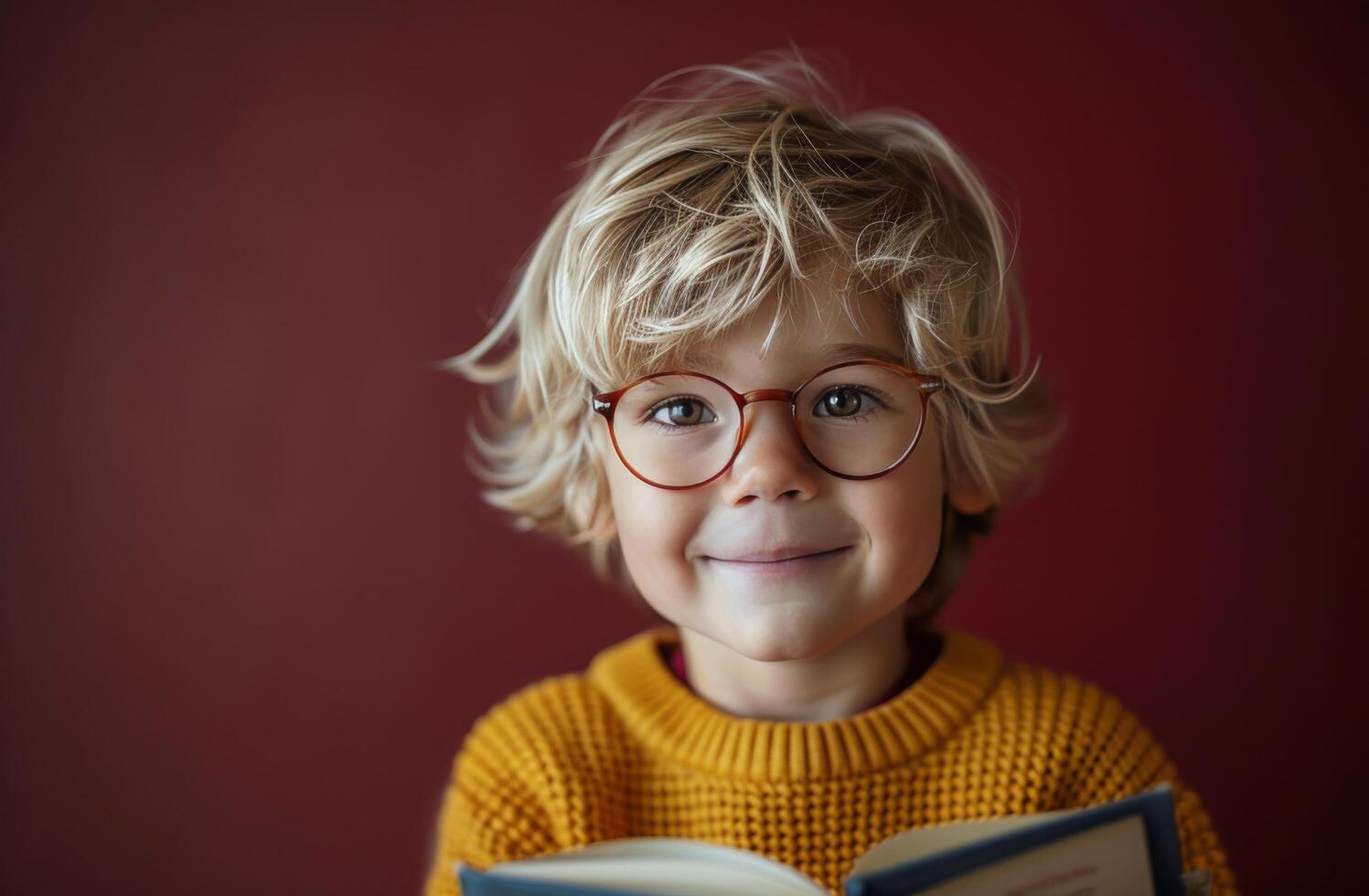 Young Boy With Blond Hair Wearing Glasses Holds Open Book in Front of Red Wall photo
