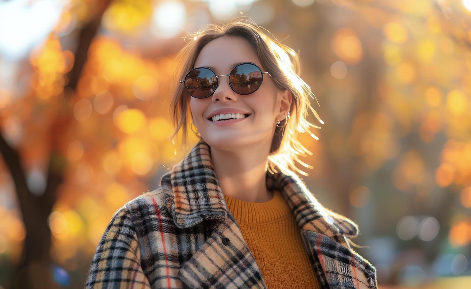 Woman Smiling in Fall With Sunglasses and Plaid Coat photo