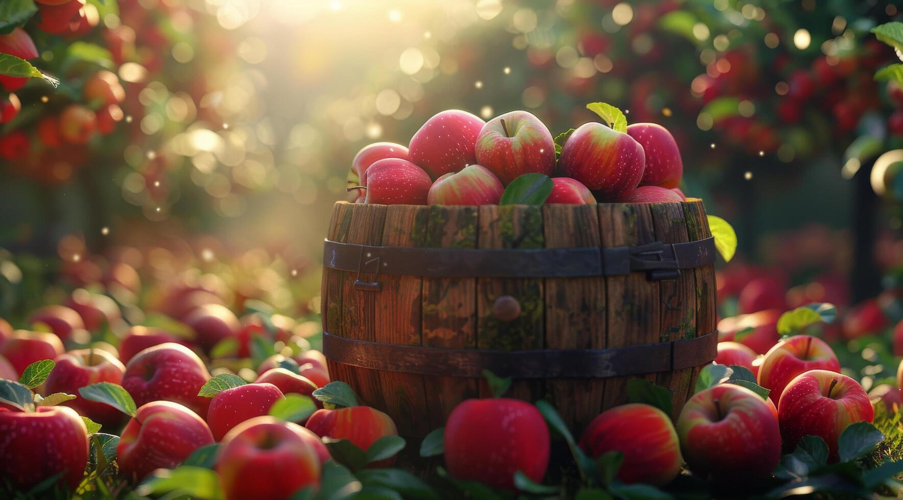 Red Apples in a Wooden Barrel During a Sunny Autumn Day photo