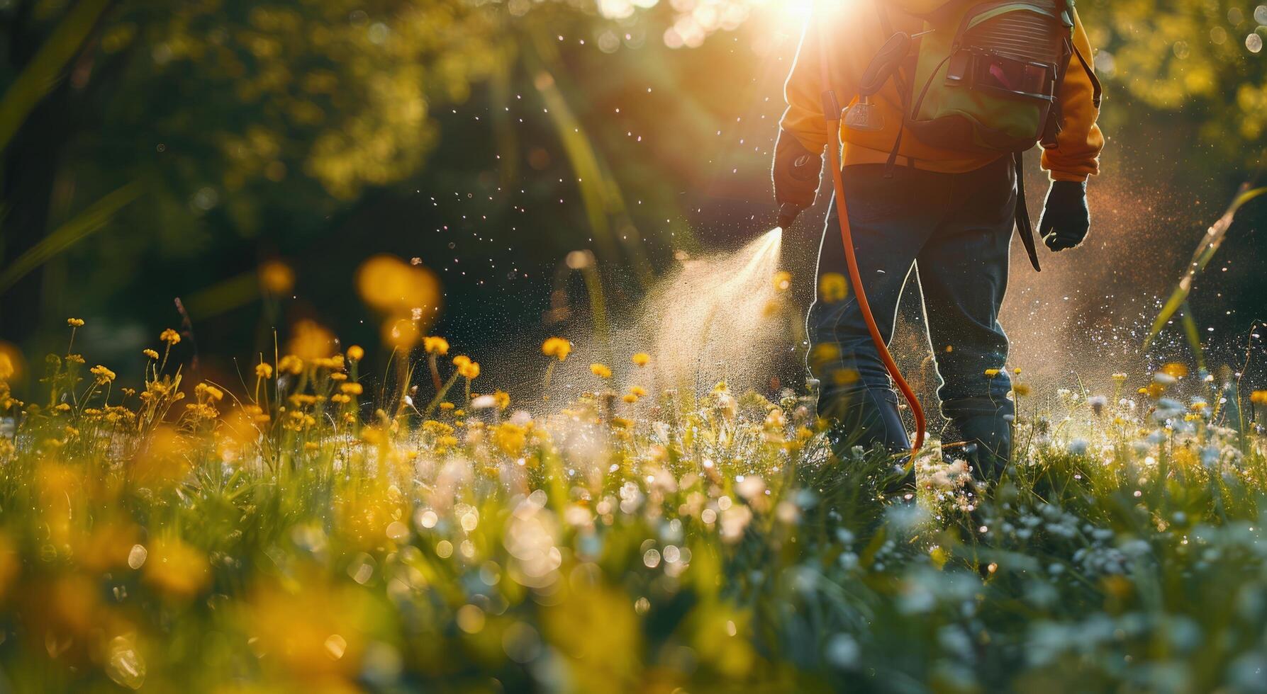 Person Applying Pesticide to a Field of Yellow Flowers in the Afternoon Sun photo