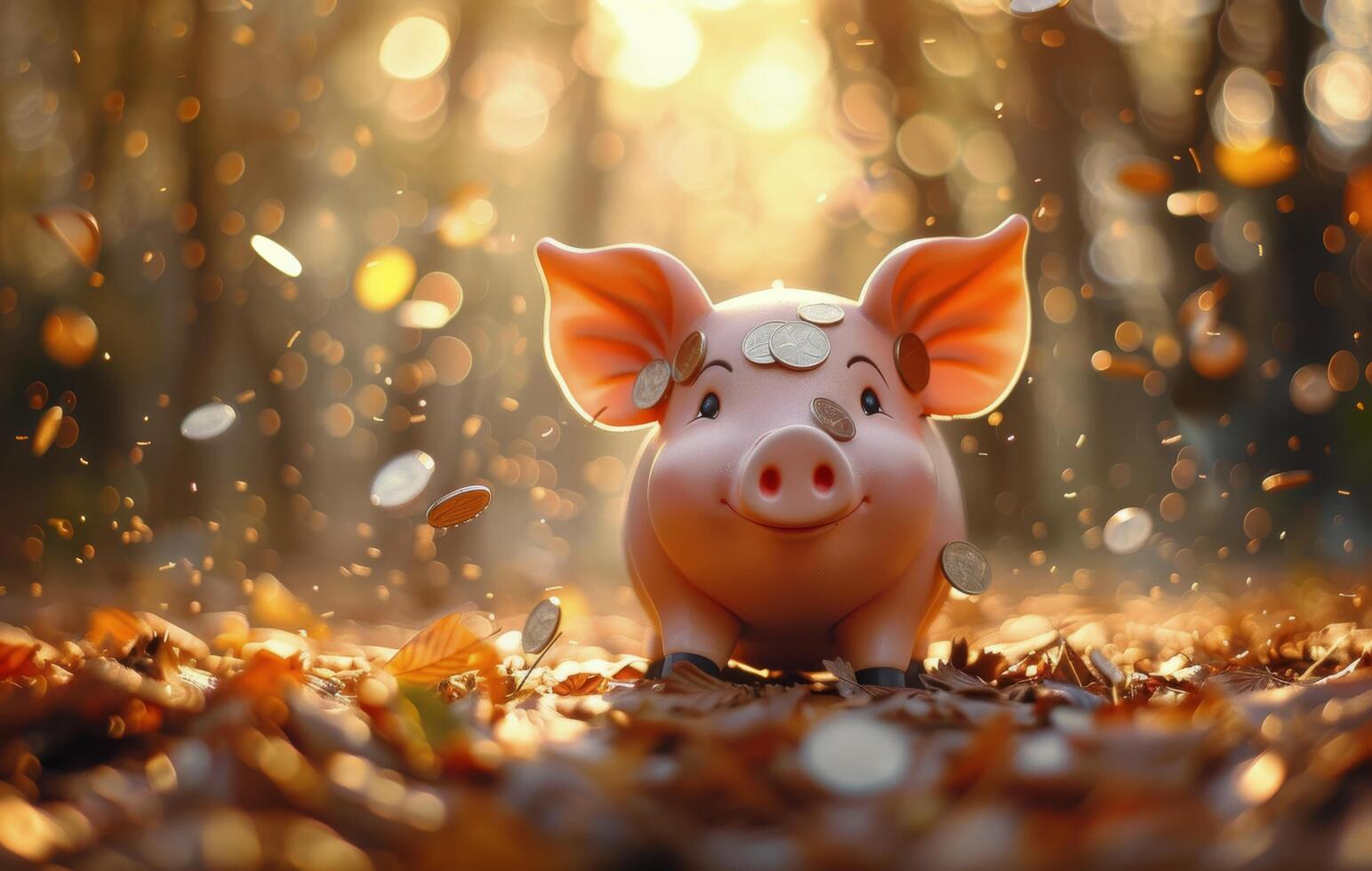 Pink Piggy Bank Smiling in Autumn Leaves With Coins Falling photo