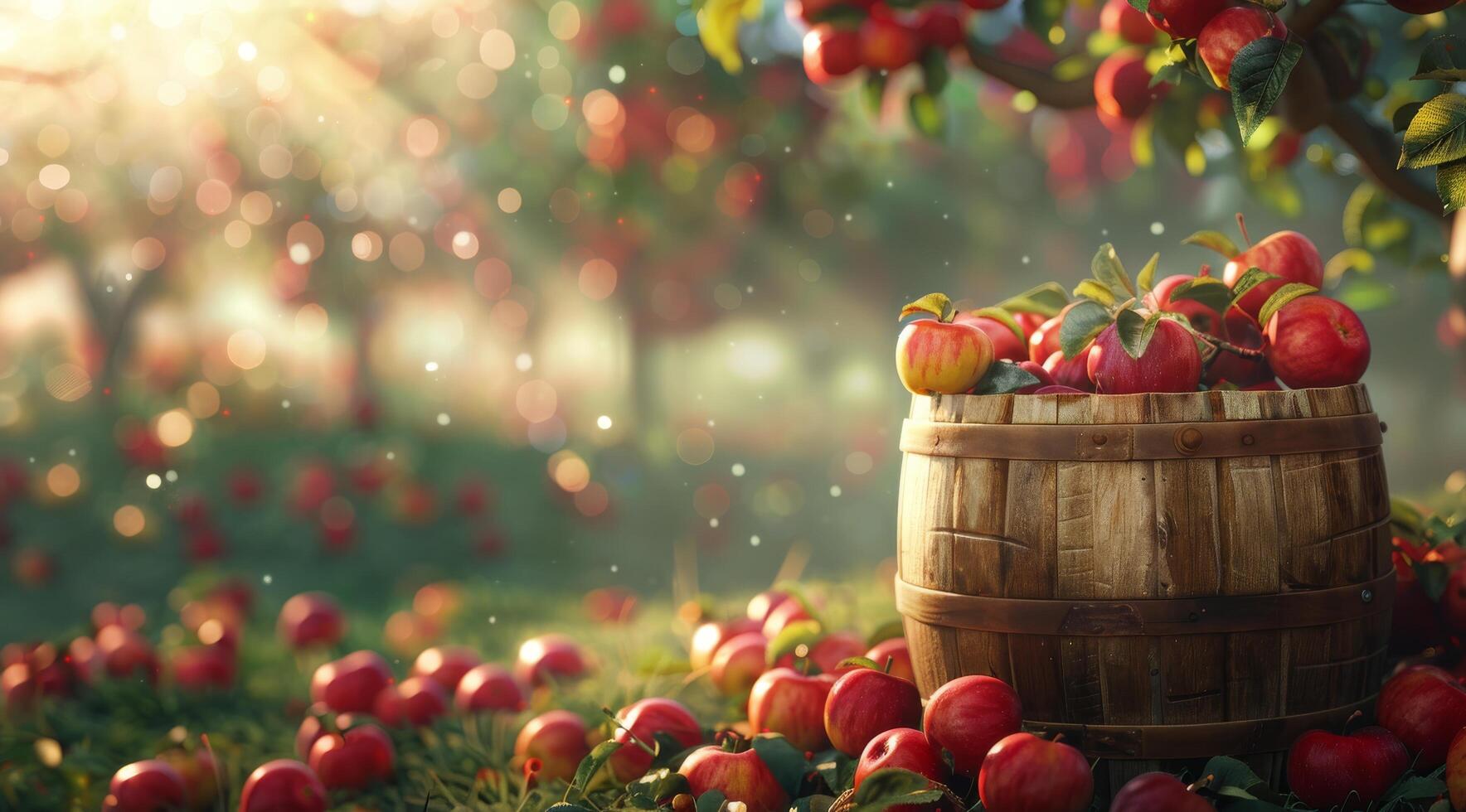 Red Apples in a Wooden Barrel During a Sunny Autumn Day photo
