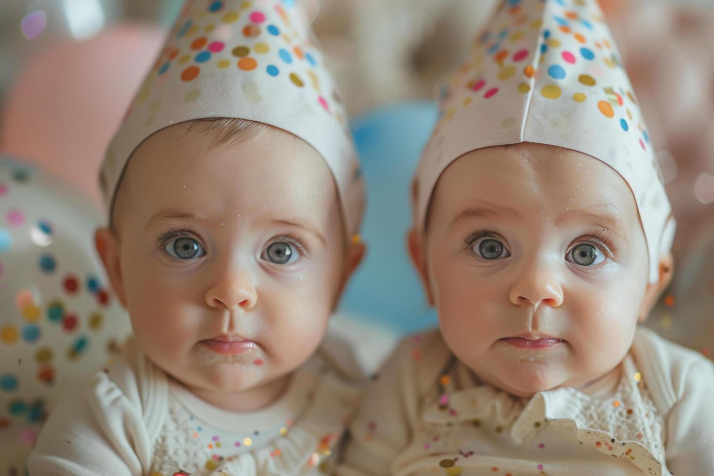 Twin Babies in Party Hats Look at Camera photo