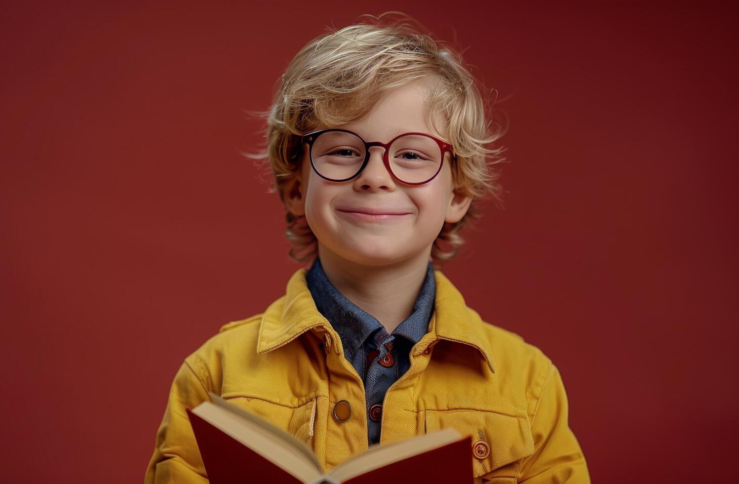 Young Boy With Blond Hair Wearing Glasses Holds Open Book in Front of Red Wall photo
