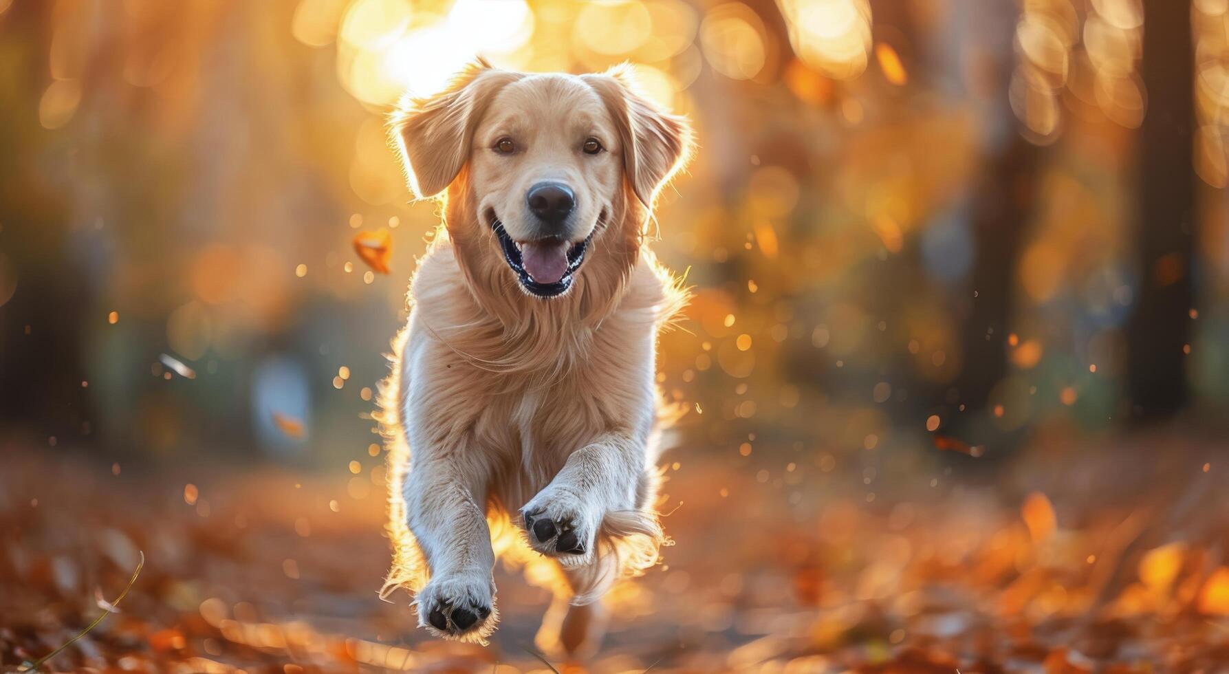 Golden Retriever Dog Jumping Through Autumn Leaves photo