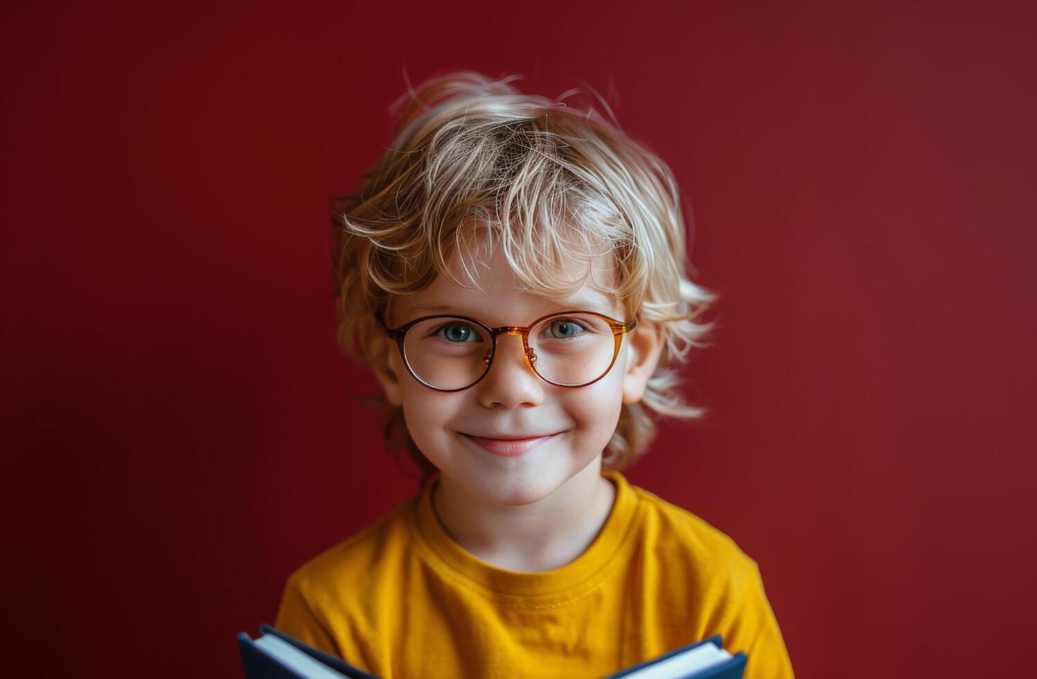 Smiling Boy Reading Book Against Red Wall photo
