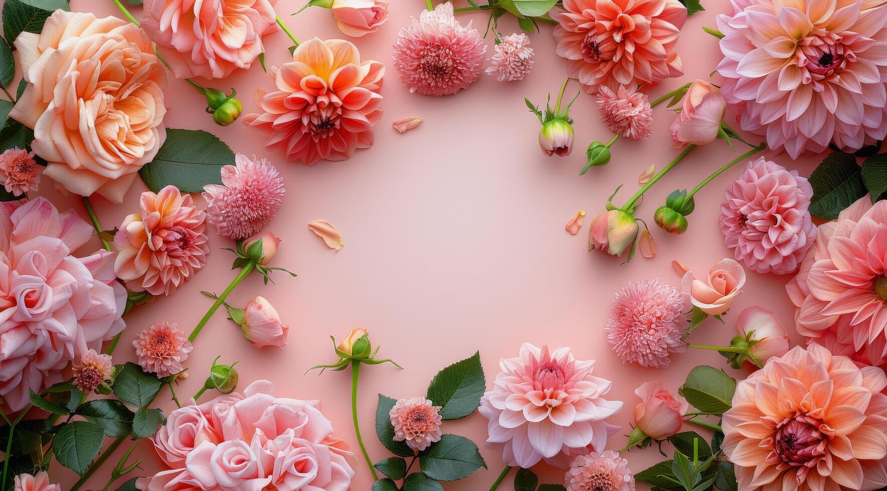 Pink and Orange Flowers Arranged in a Heart Shape on a Pink Background photo