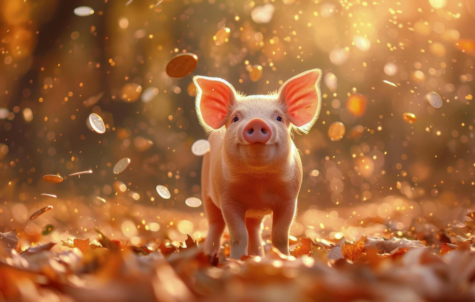 Pink Piggy Bank Smiling in Autumn Leaves With Coins Falling photo