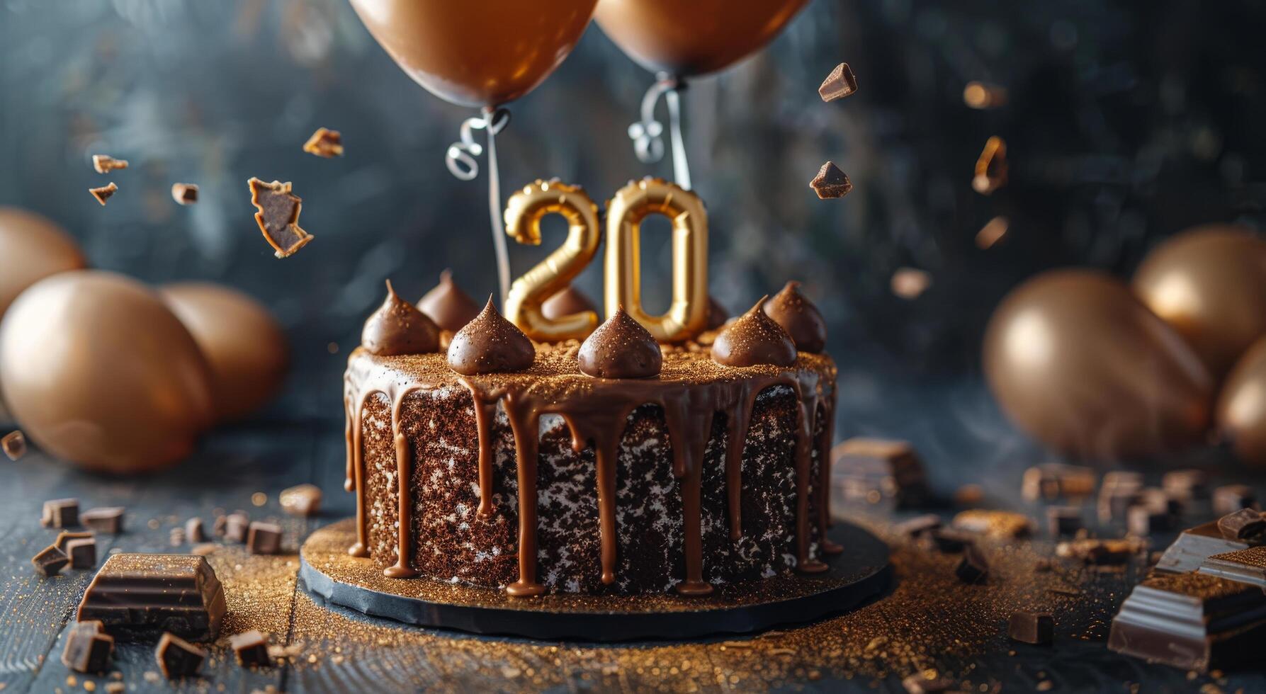 Chocolate Cake With Golden Balloons and Number 20 Candles photo