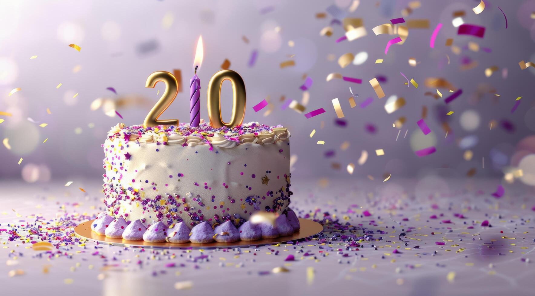 Purple Birthday Cake With Gold Twenty Candles and Confetti photo