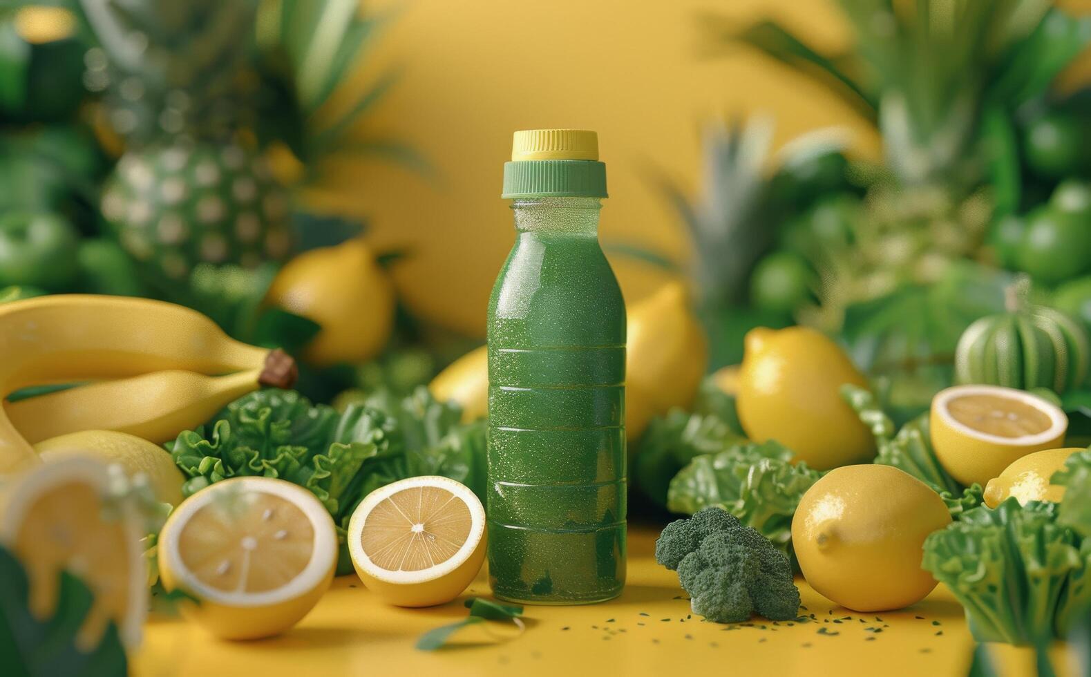Green Smoothie Bottle With Fresh Fruits and Vegetables on Yellow Background photo