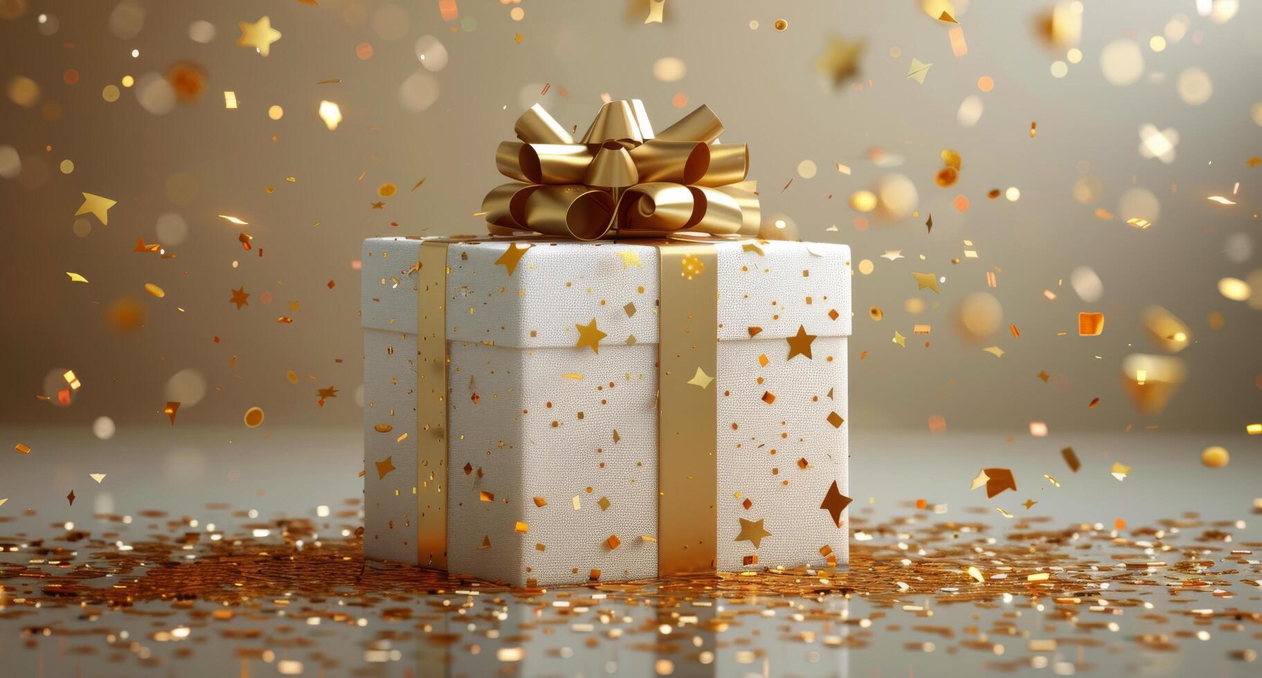 White Gift Box With Gold Bow and Confetti photo