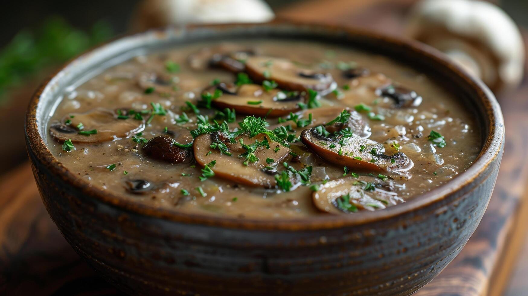 Creamy Mushroom Soup With Parsley Garnish in a Brown Bowl photo