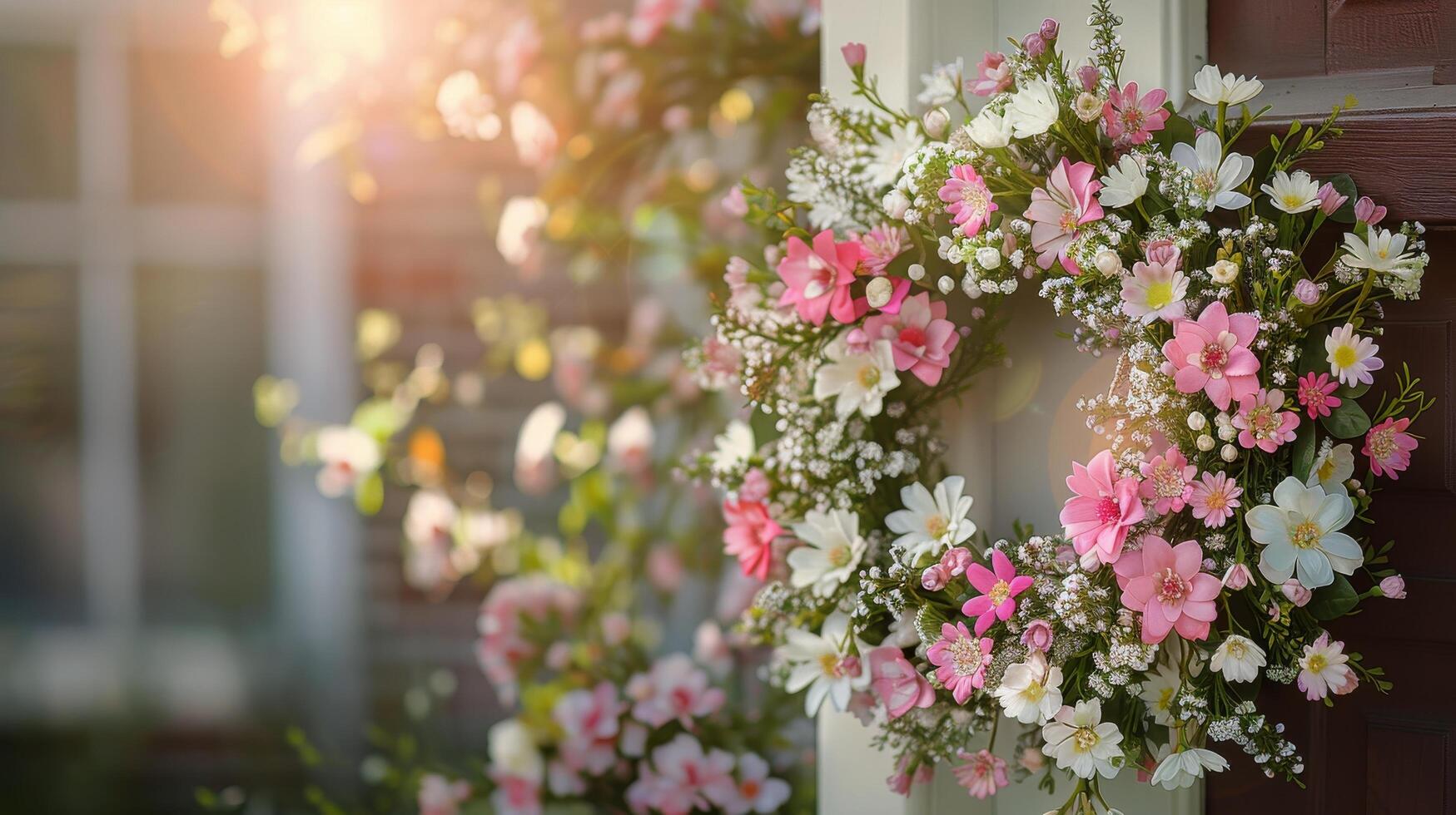 Colorful Floral Wreath on Front Door in Sunny Daytime photo