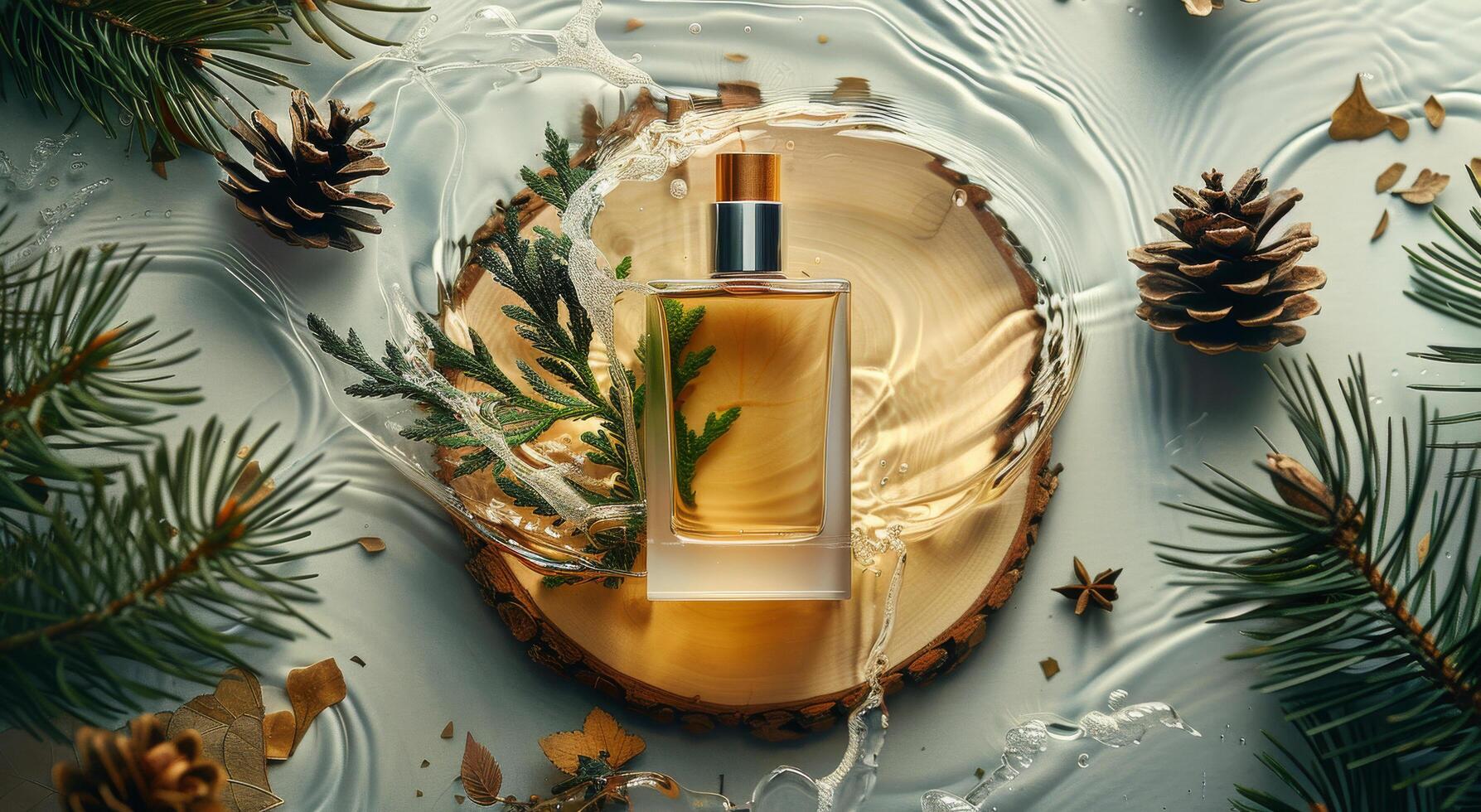Perfume Bottle on Wooden Slab in Winter Forest Setting photo
