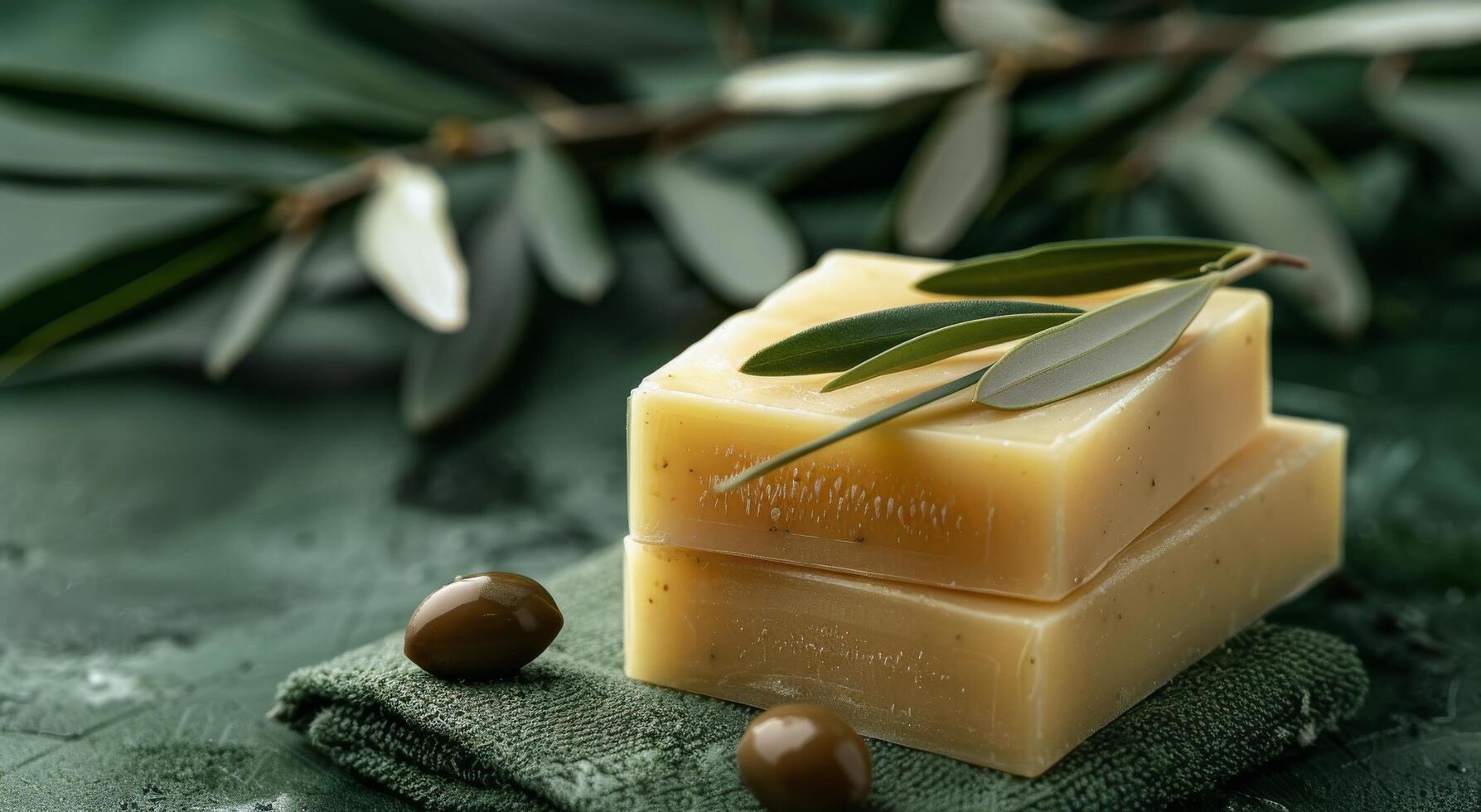 Two Bars Of Natural Olive Oil Soap With Olive Branch On Green Towel photo