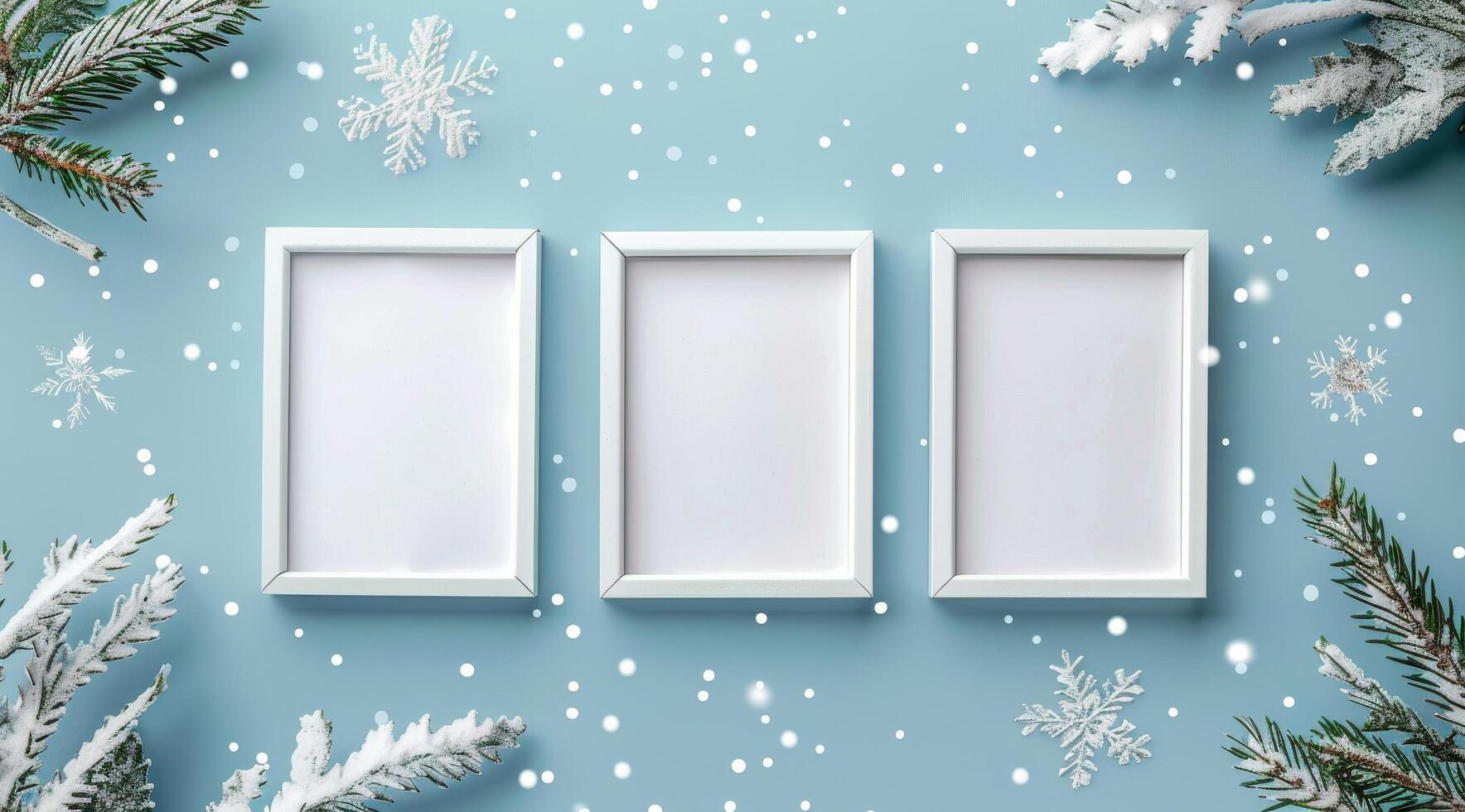 White Picture Frames With Winter Decor on Blue Background photo