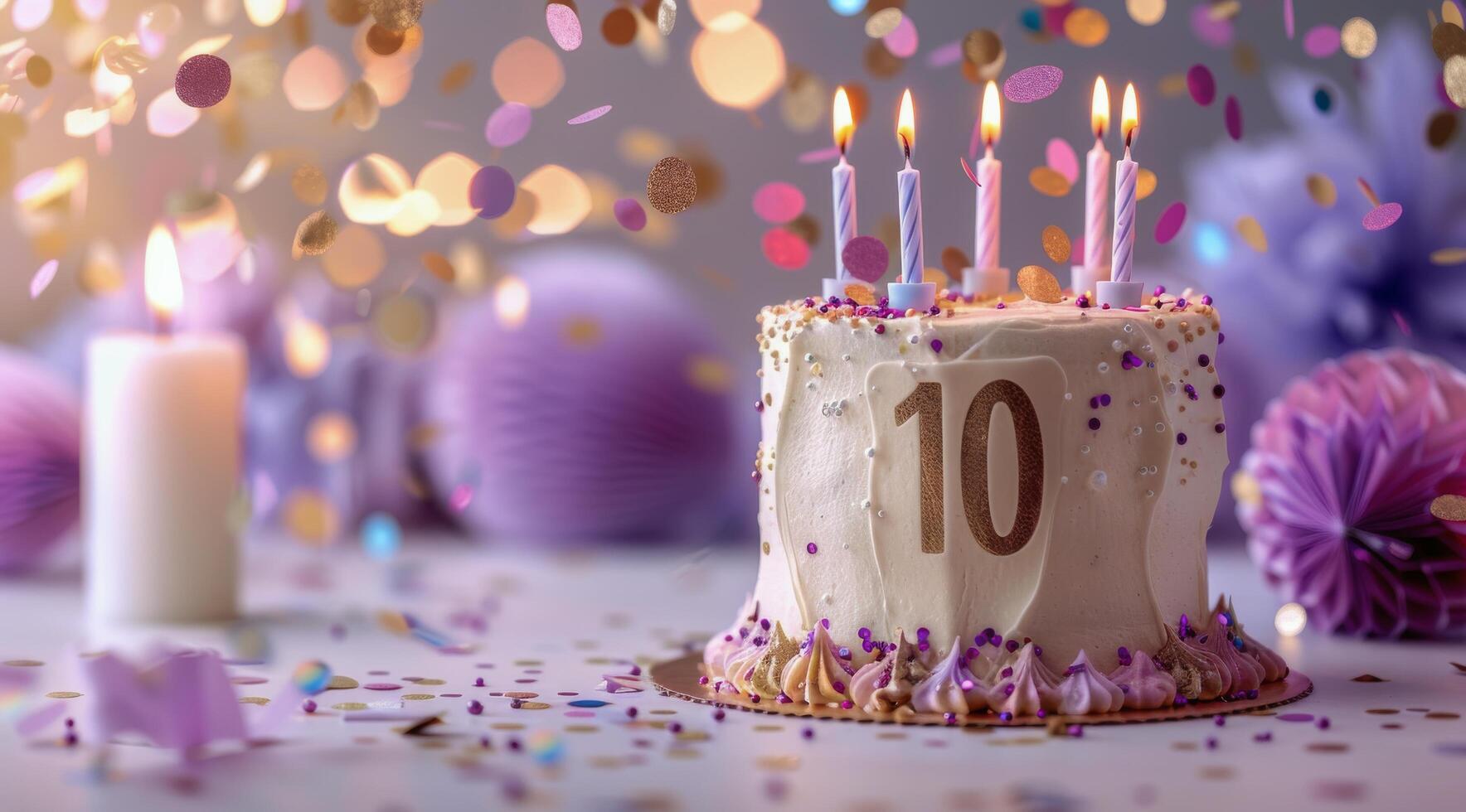 Purple and Gold Ten Year Old Birthday Cake With Candles and Confetti photo